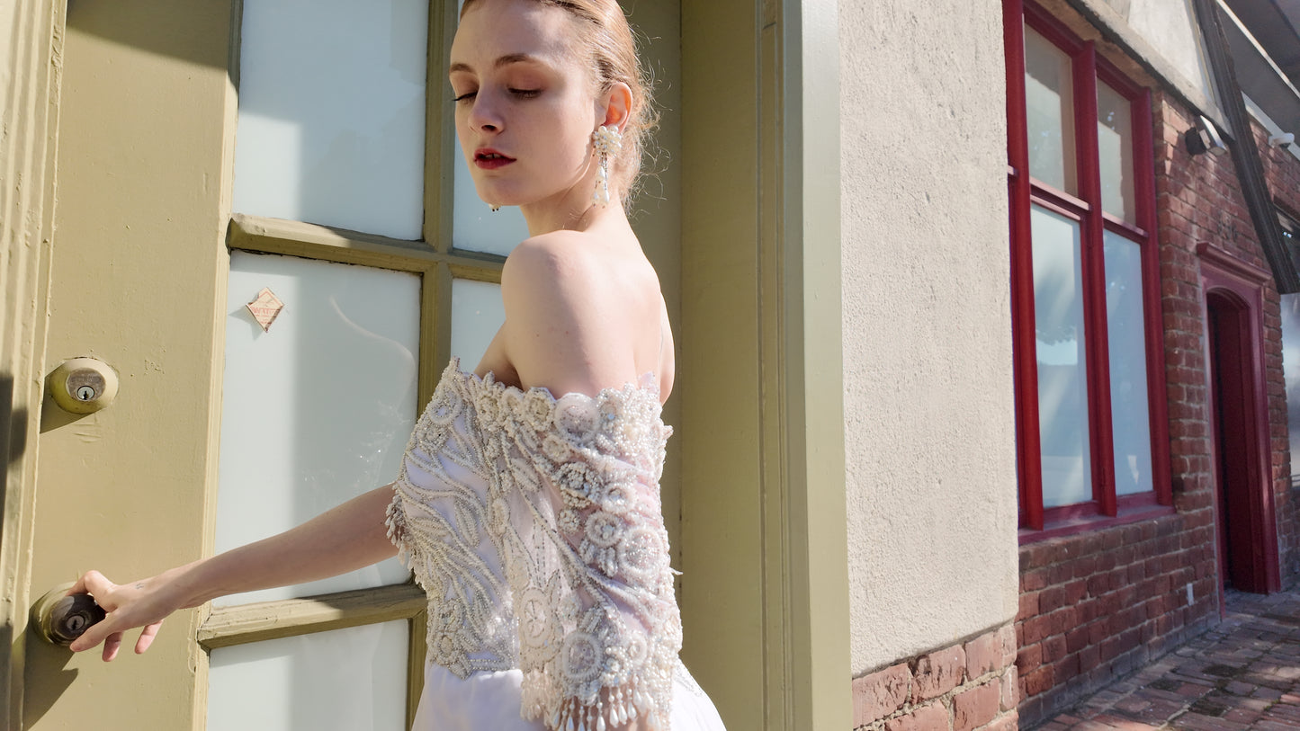 1980's Vintage Bob Mackie White Gown with White Beaded Bodice - The Kit Vintage