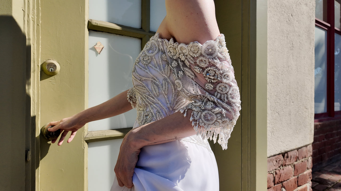 1980's Vintage Bob Mackie White Gown with White Beaded Bodice