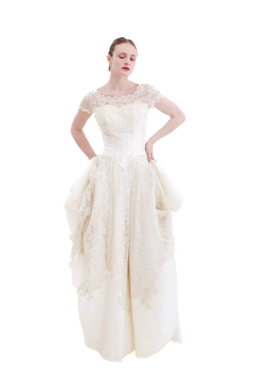 1957 Vintage White Satin & Lace Wedding Dress - The Kit Vintage