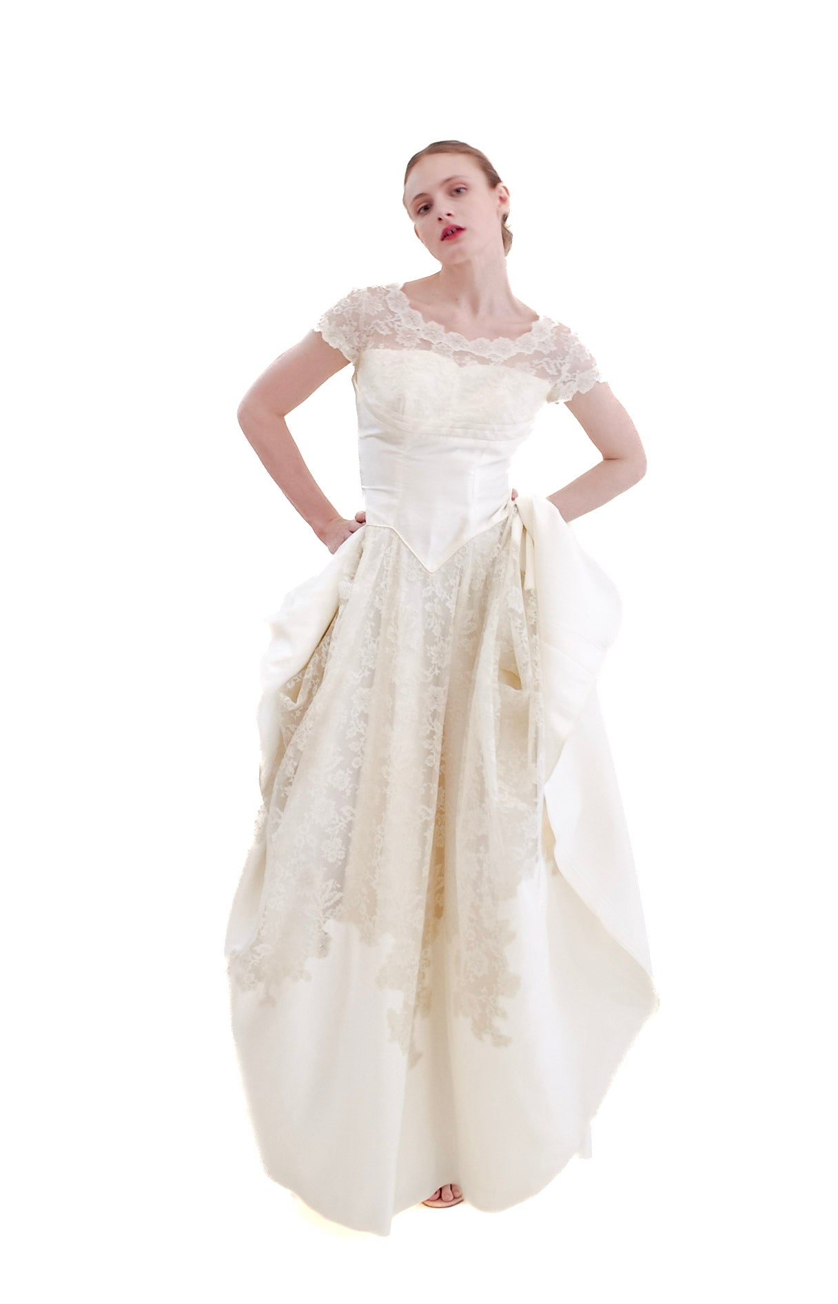 1957 Vintage White Satin & Lace Wedding Dress