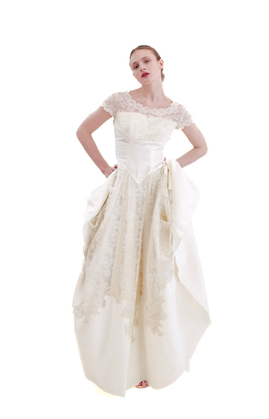 1957 Vintage White Satin & Lace Wedding Dress - The Kit Vintage
