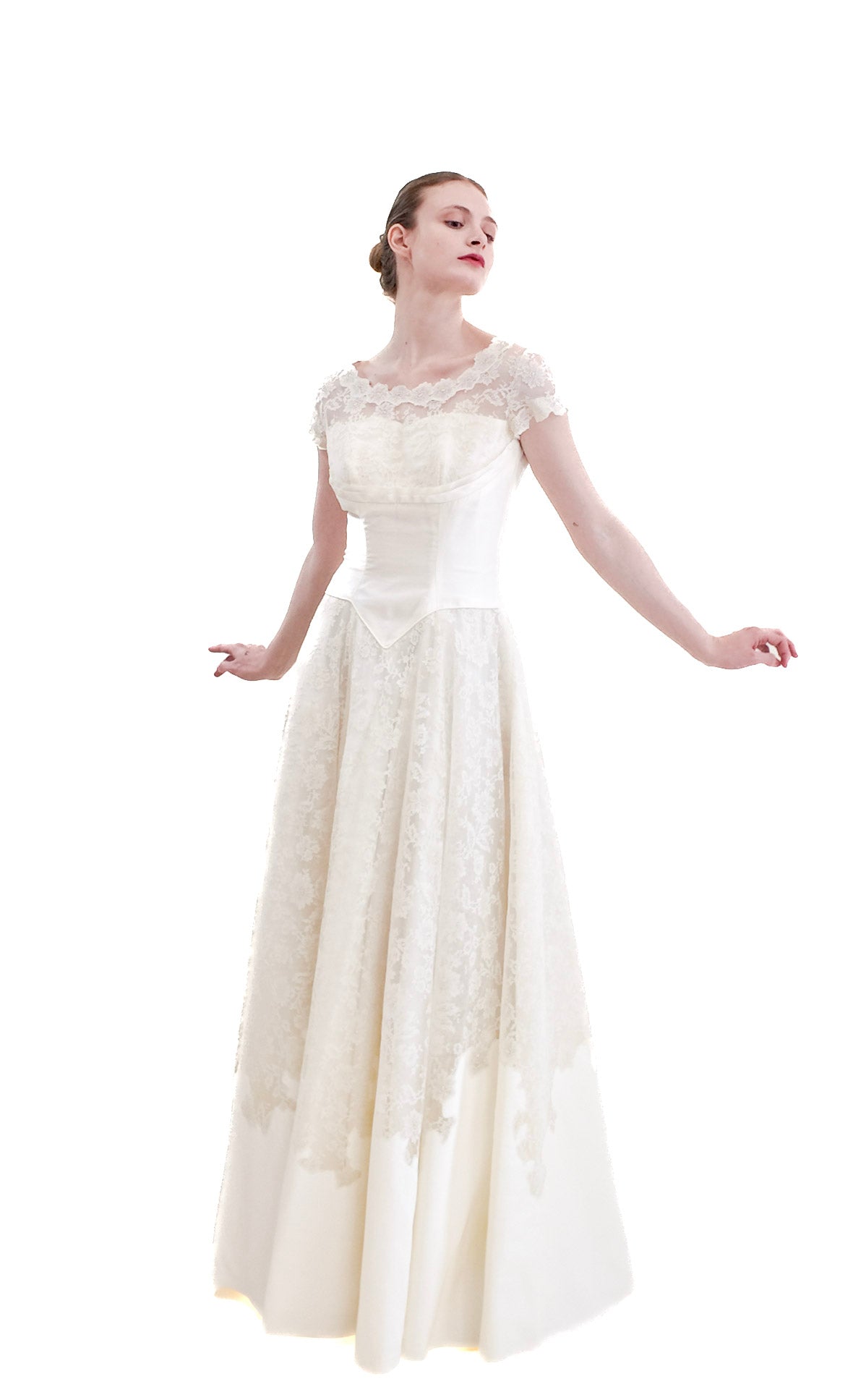 1957 Vintage White Satin & Lace Wedding Dress