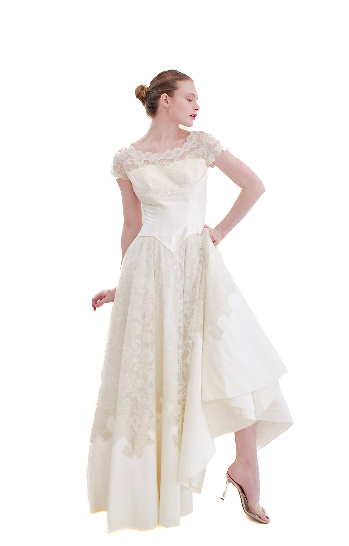 1957 Vintage White Satin & Lace Wedding Dress