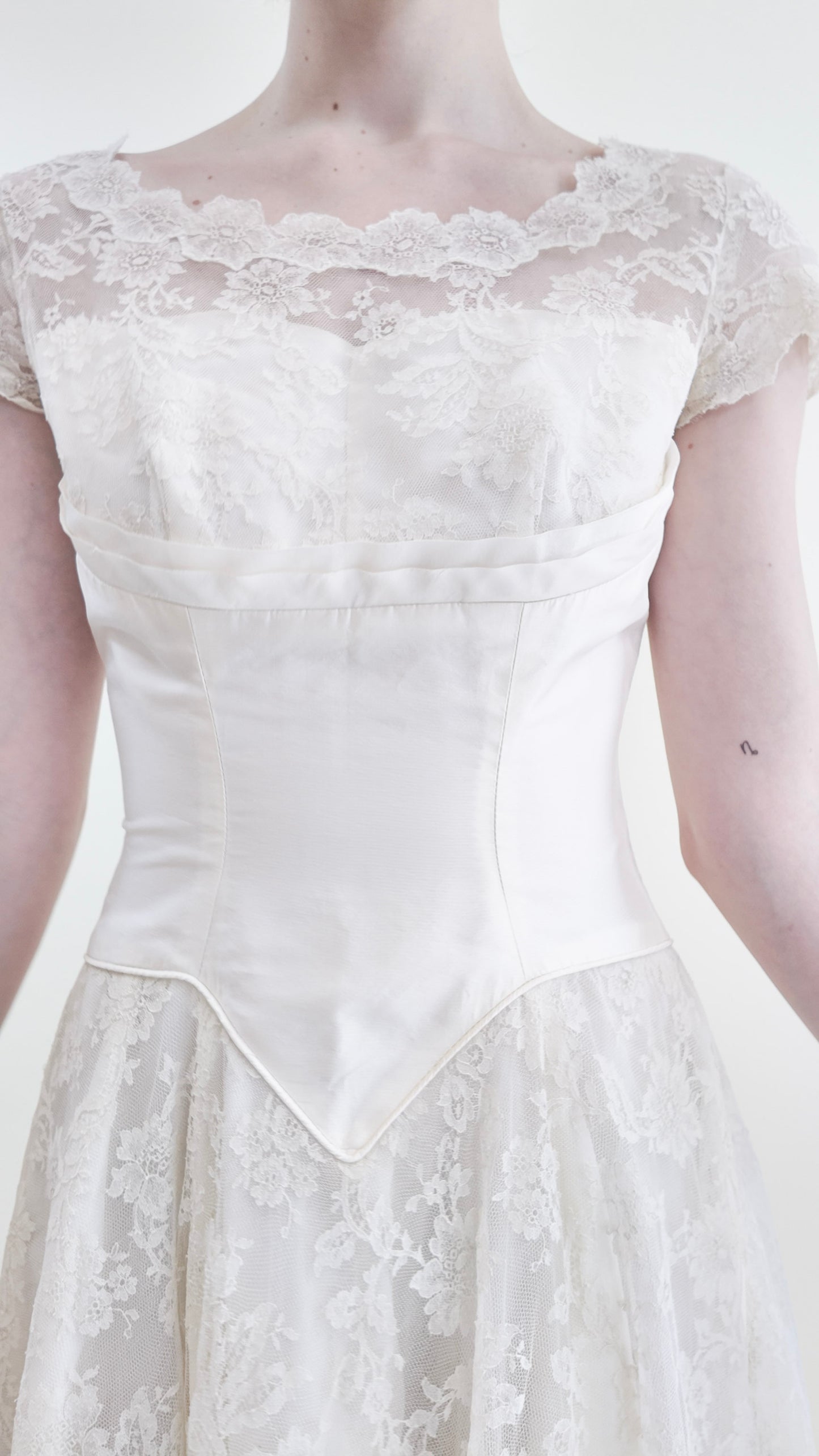 1957 Vintage White Satin & Lace Wedding Dress