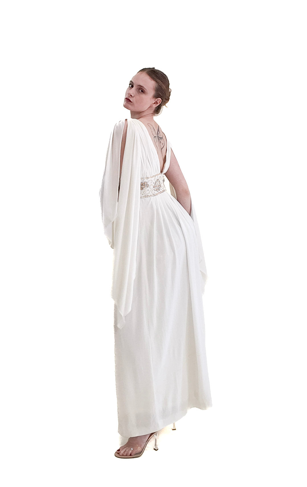 Claude Riha White Angel Wing Dress With Beaded Waistline
