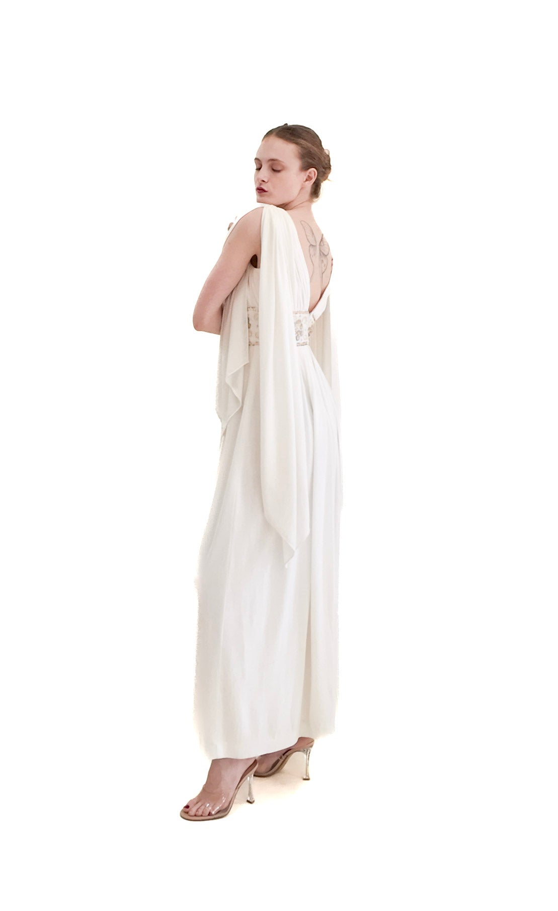 Claude Riha White Angel Wing Dress With Beaded Waistline