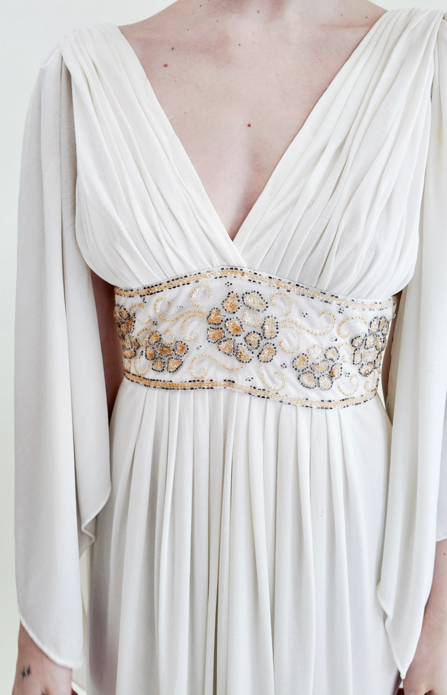 Claude Riha White Angel Wing Dress With Beaded Waistline