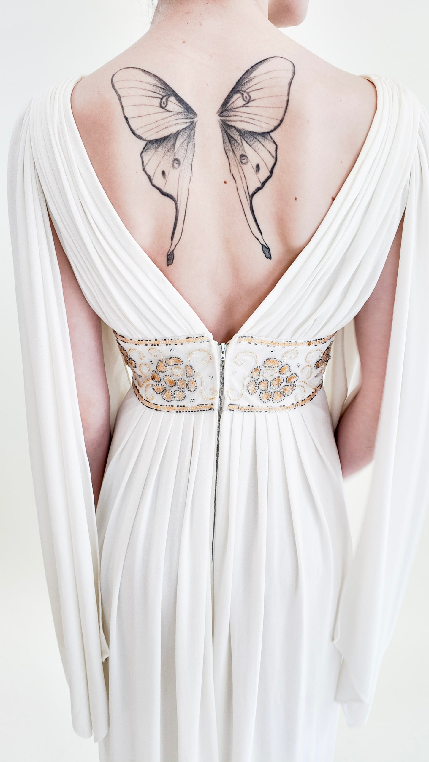 Claude Riha White Angel Wing Dress With Beaded Waistline