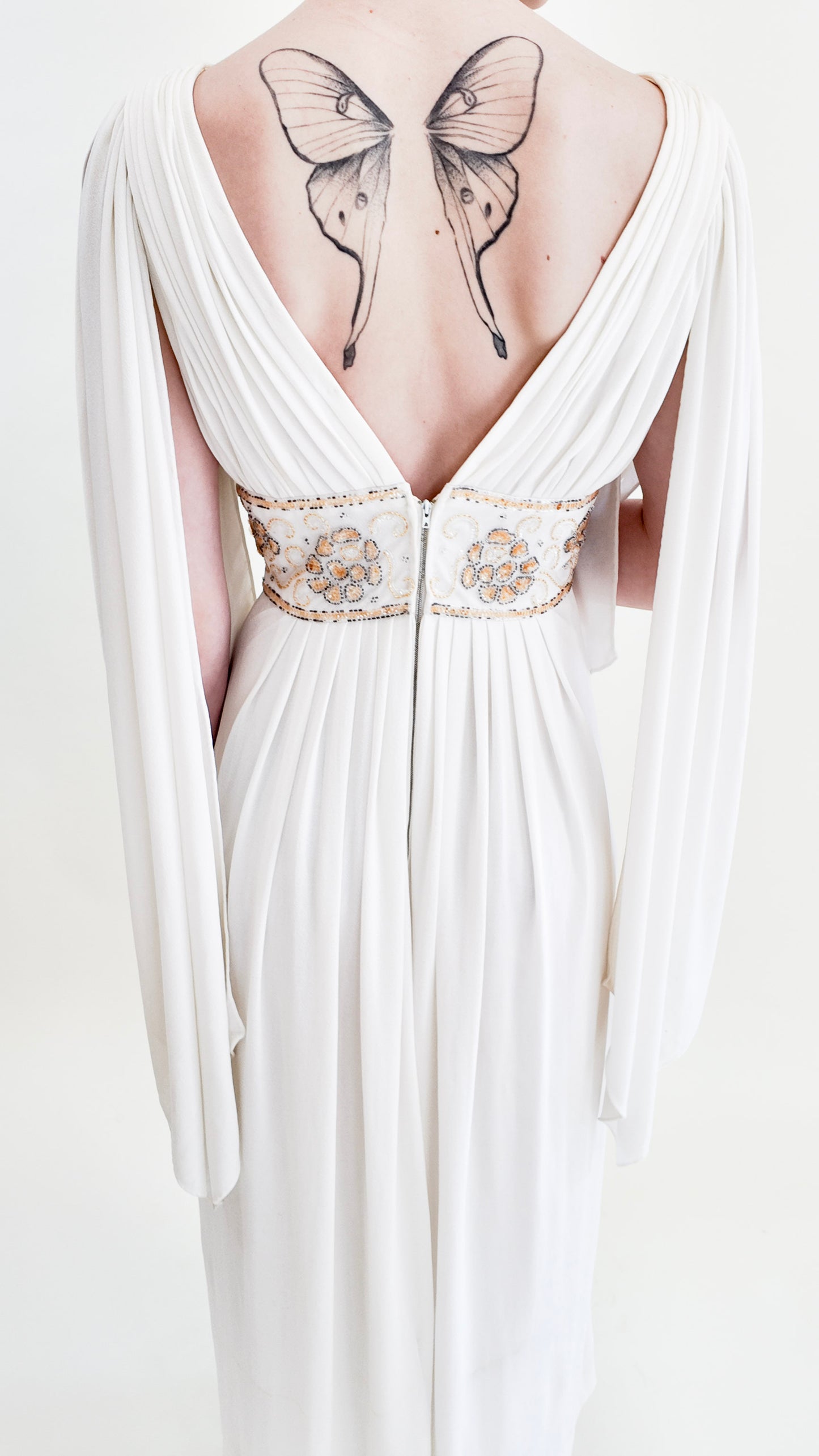 Claude Riha White Angel Wing Dress With Beaded Waistline