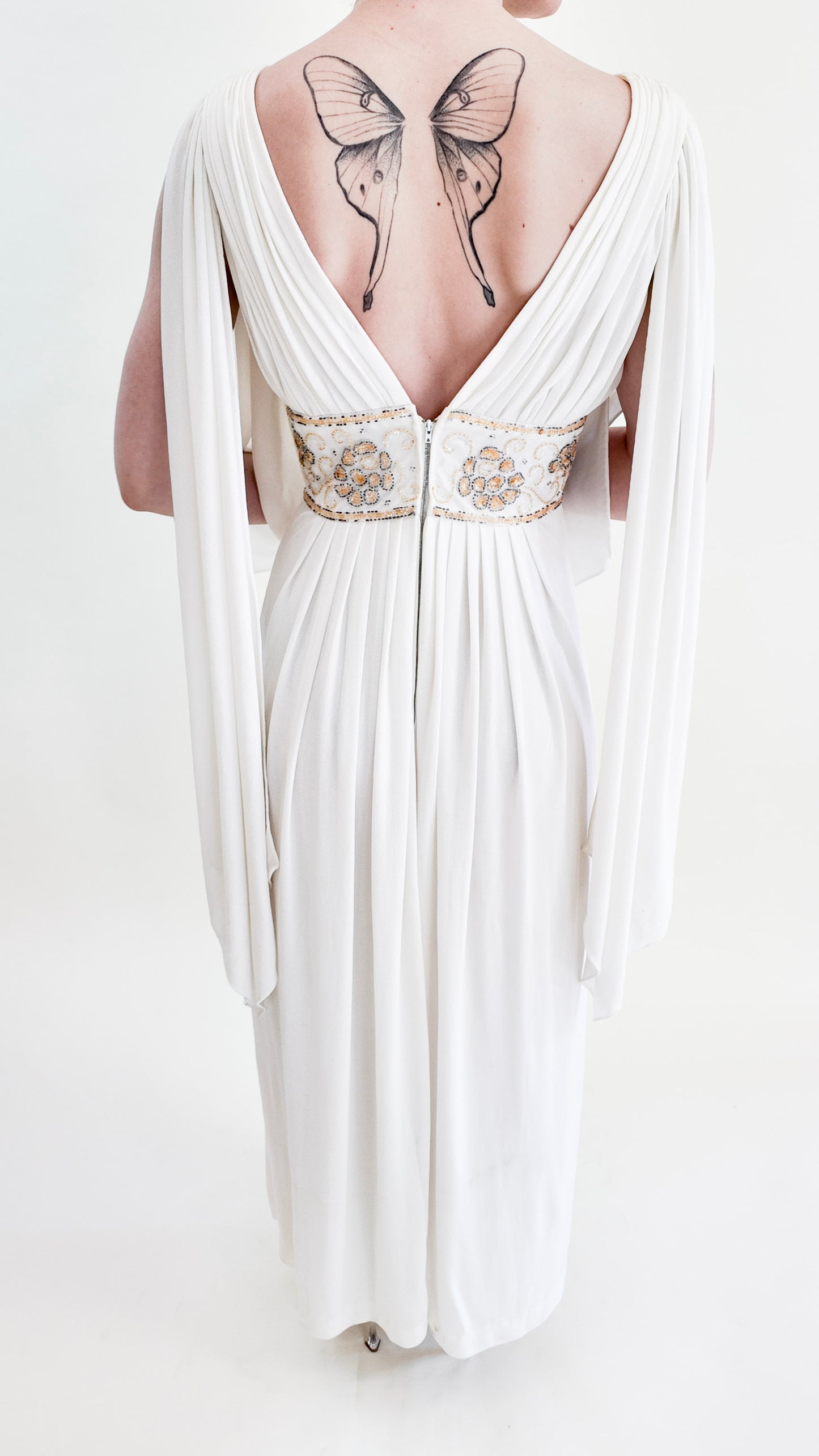 Claude Riha White Angel Wing Dress With Beaded Waistline
