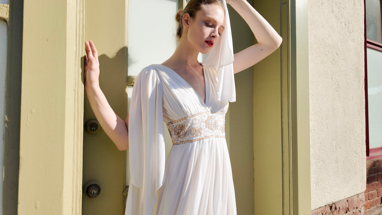 Claude Riha White Angel Wing Dress With Beaded Waistline