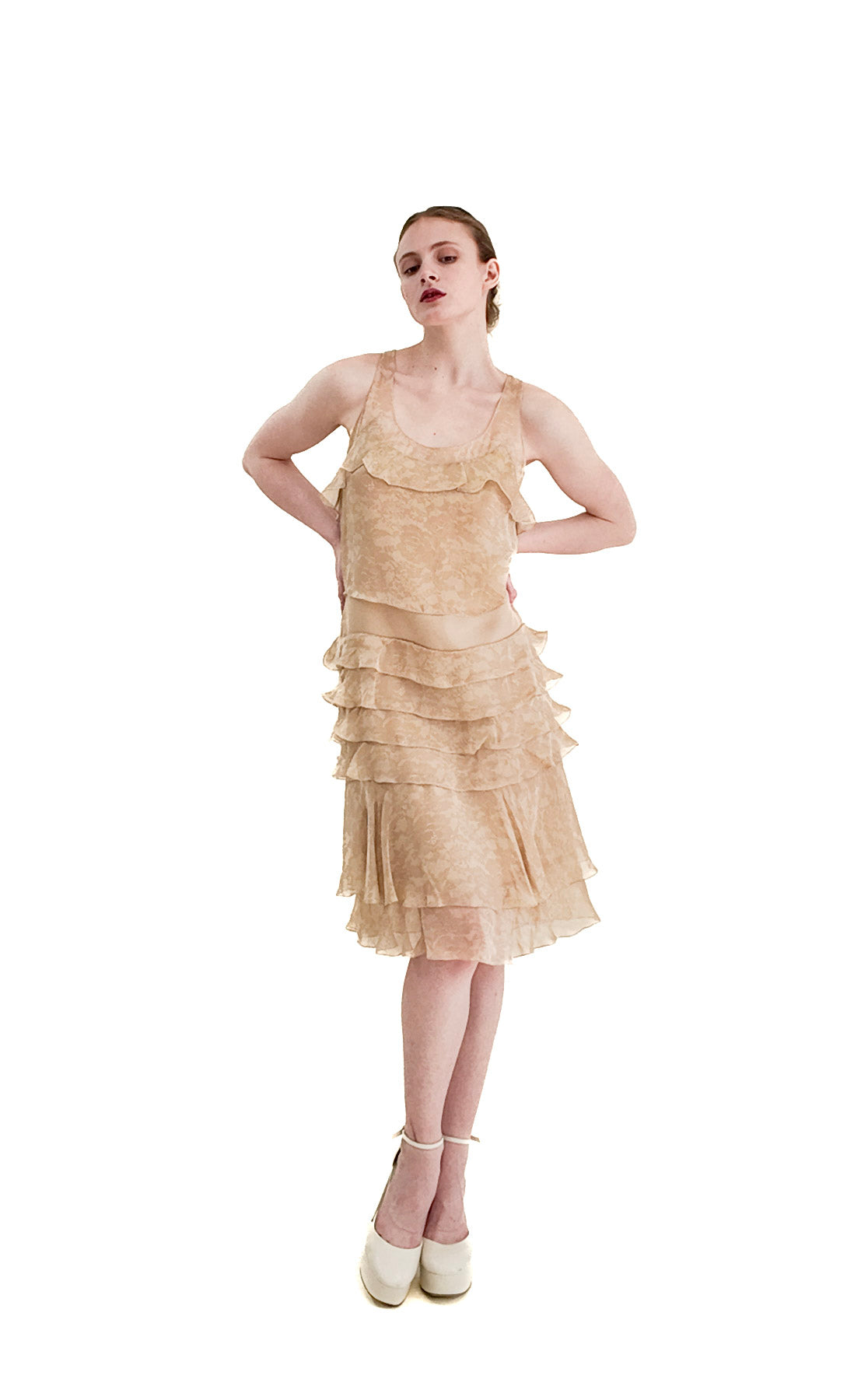 Chanel Fall 2002 Tan Silk Dropped Waist Dress