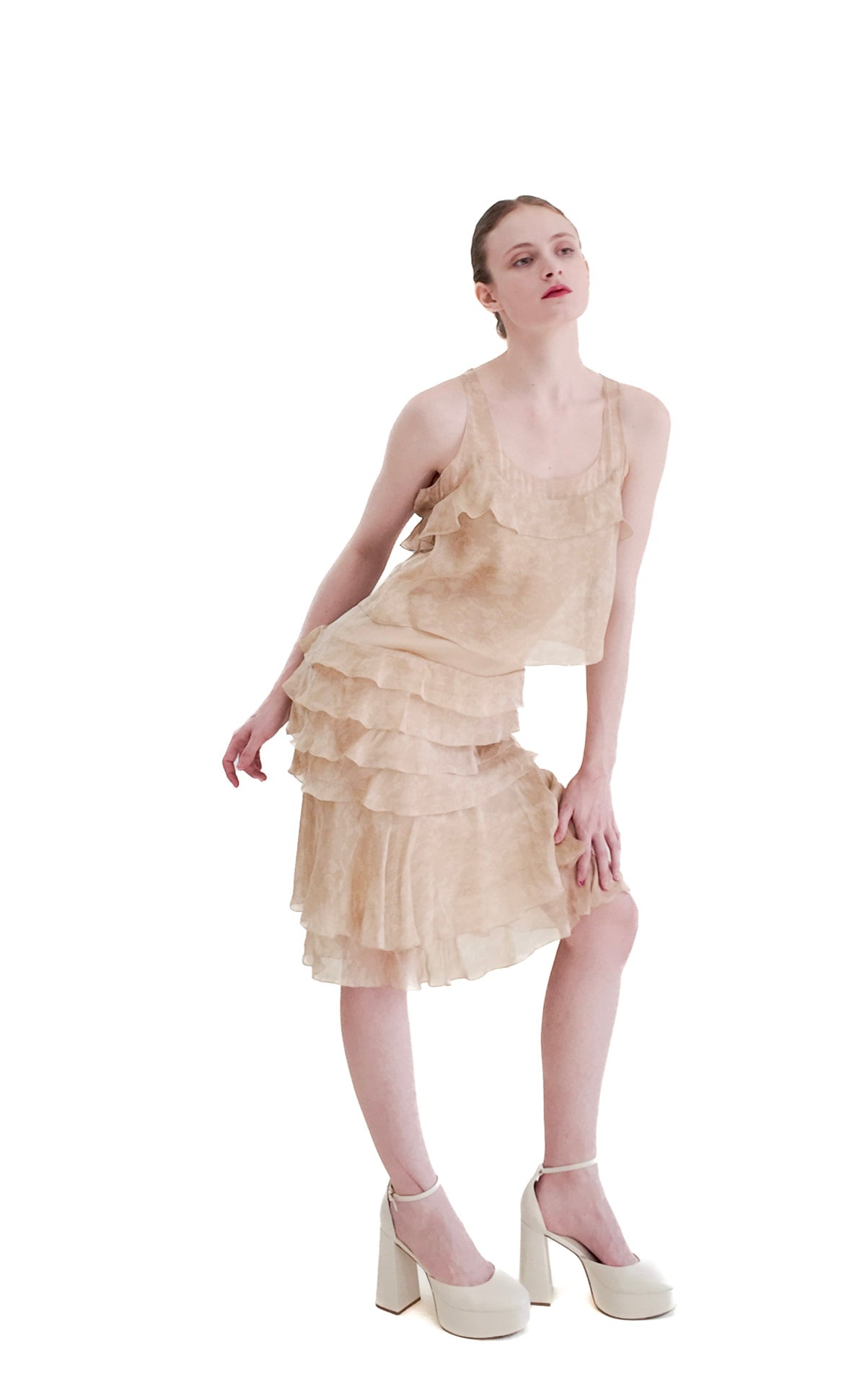 Chanel Fall 2002 Tan Silk Dropped Waist Dress