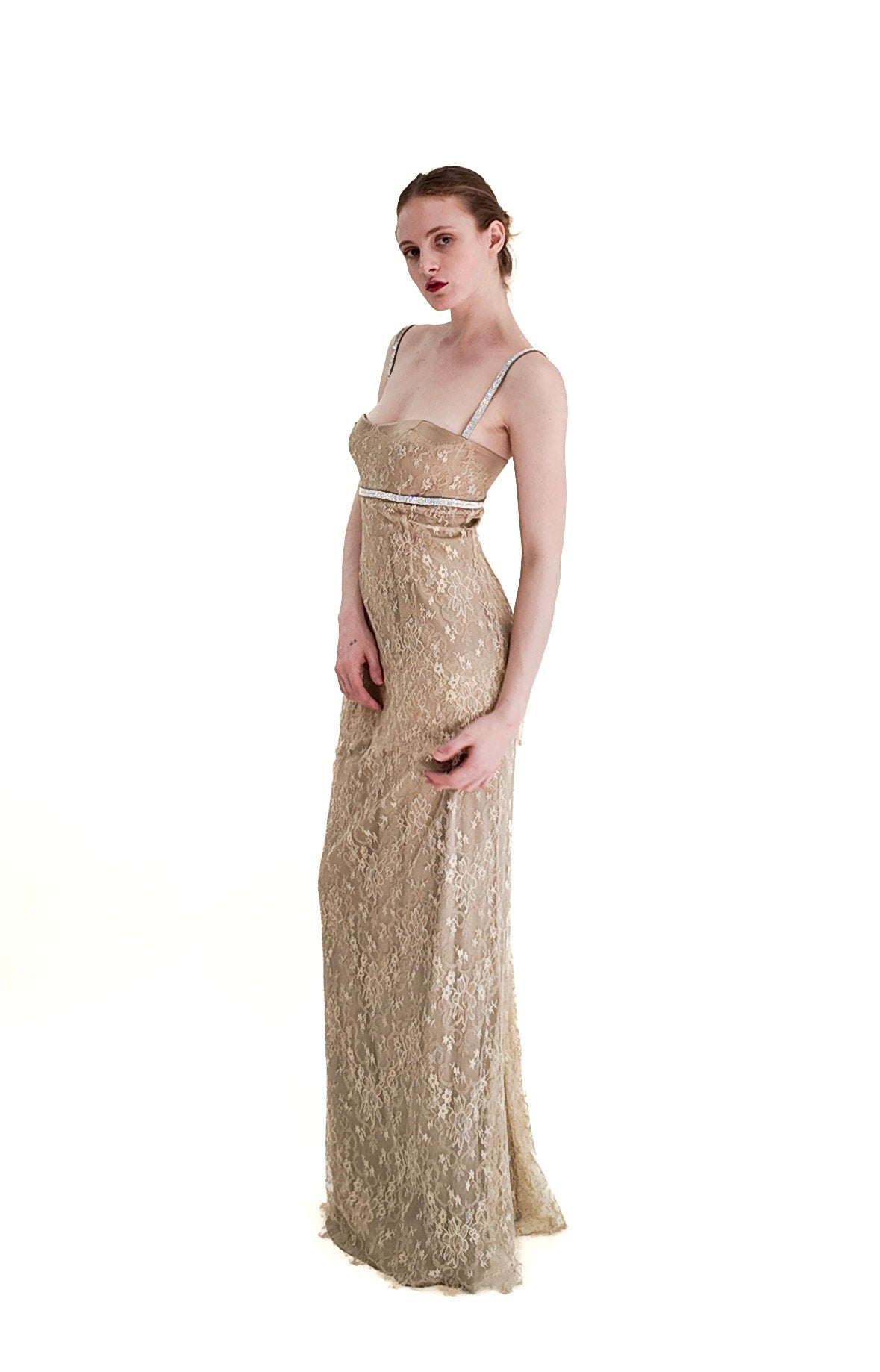 Dolce & Gabbana Gold Lace Dress W Rhinestone Empire Waist