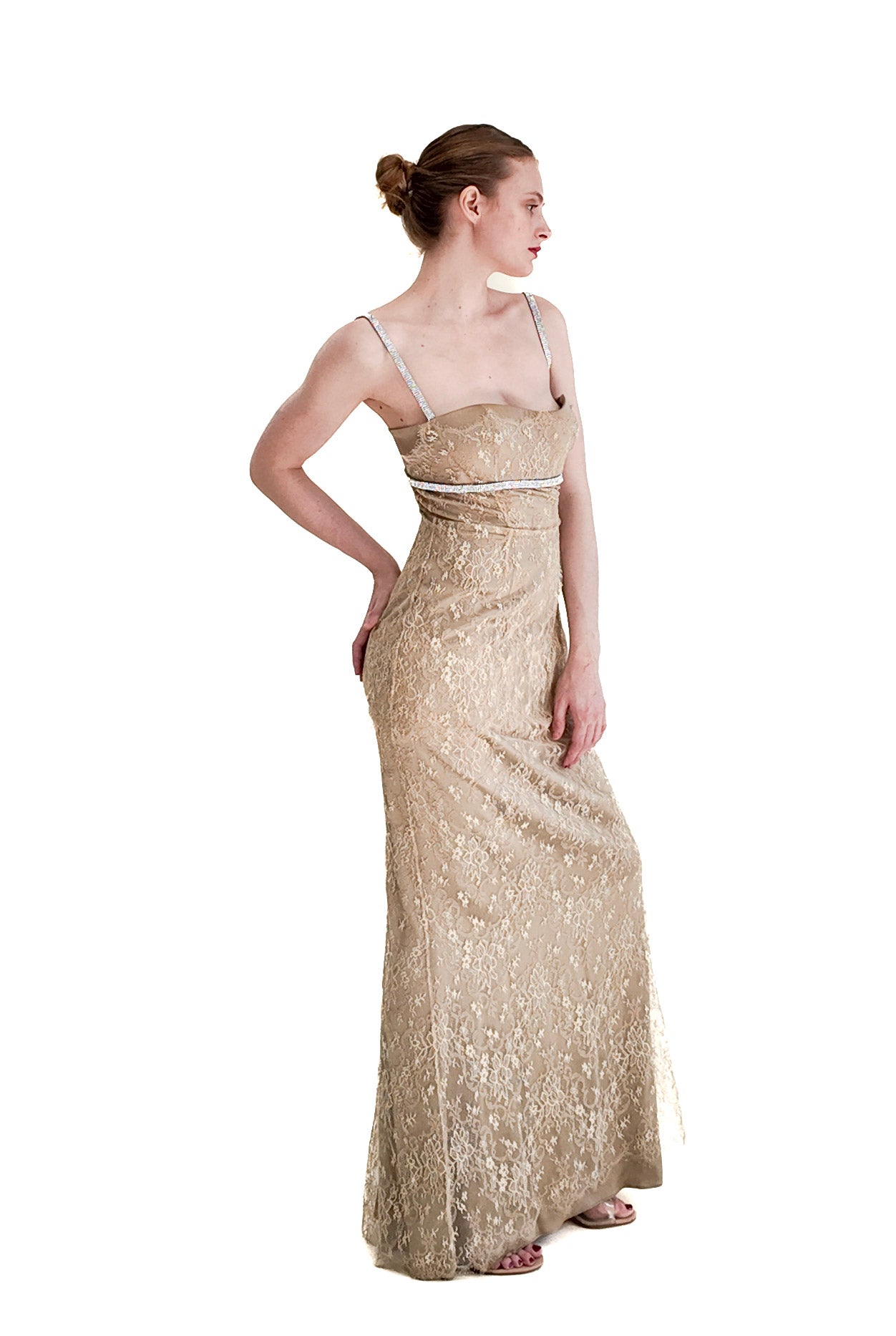 Dolce & Gabbana Gold Lace Dress W Rhinestone Empire Waist - The Kit Vintage