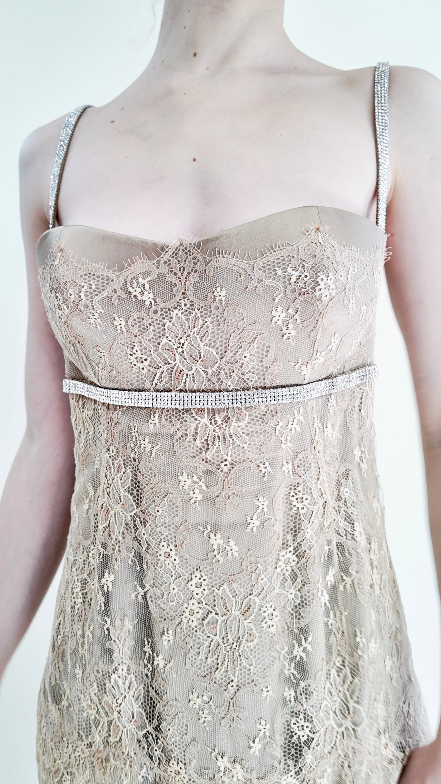 Dolce & Gabbana Gold Lace Dress W Rhinestone Empire Waist