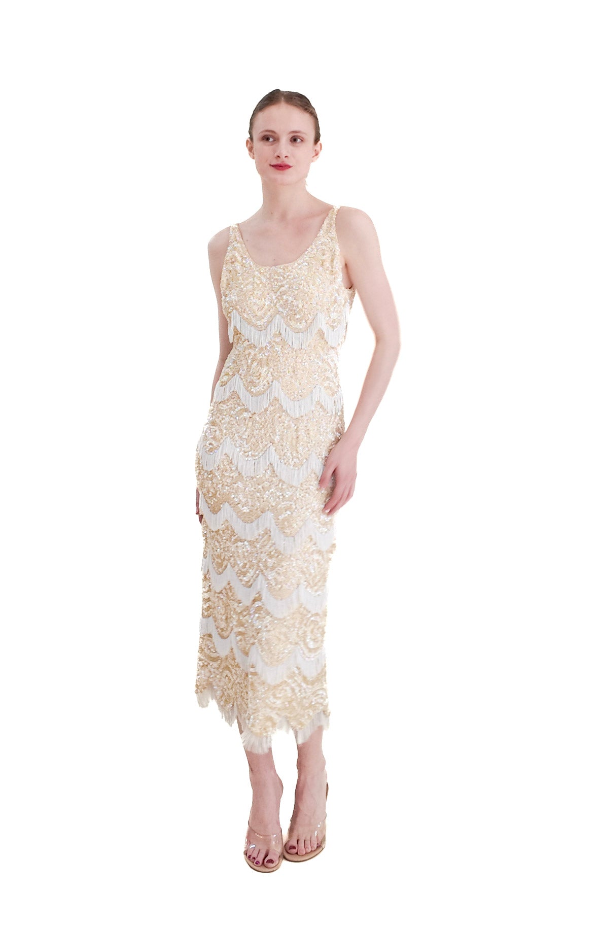 Attributed Gene Shelly 1960's Ivory Knit Sequin & Fringe Beaded Dress