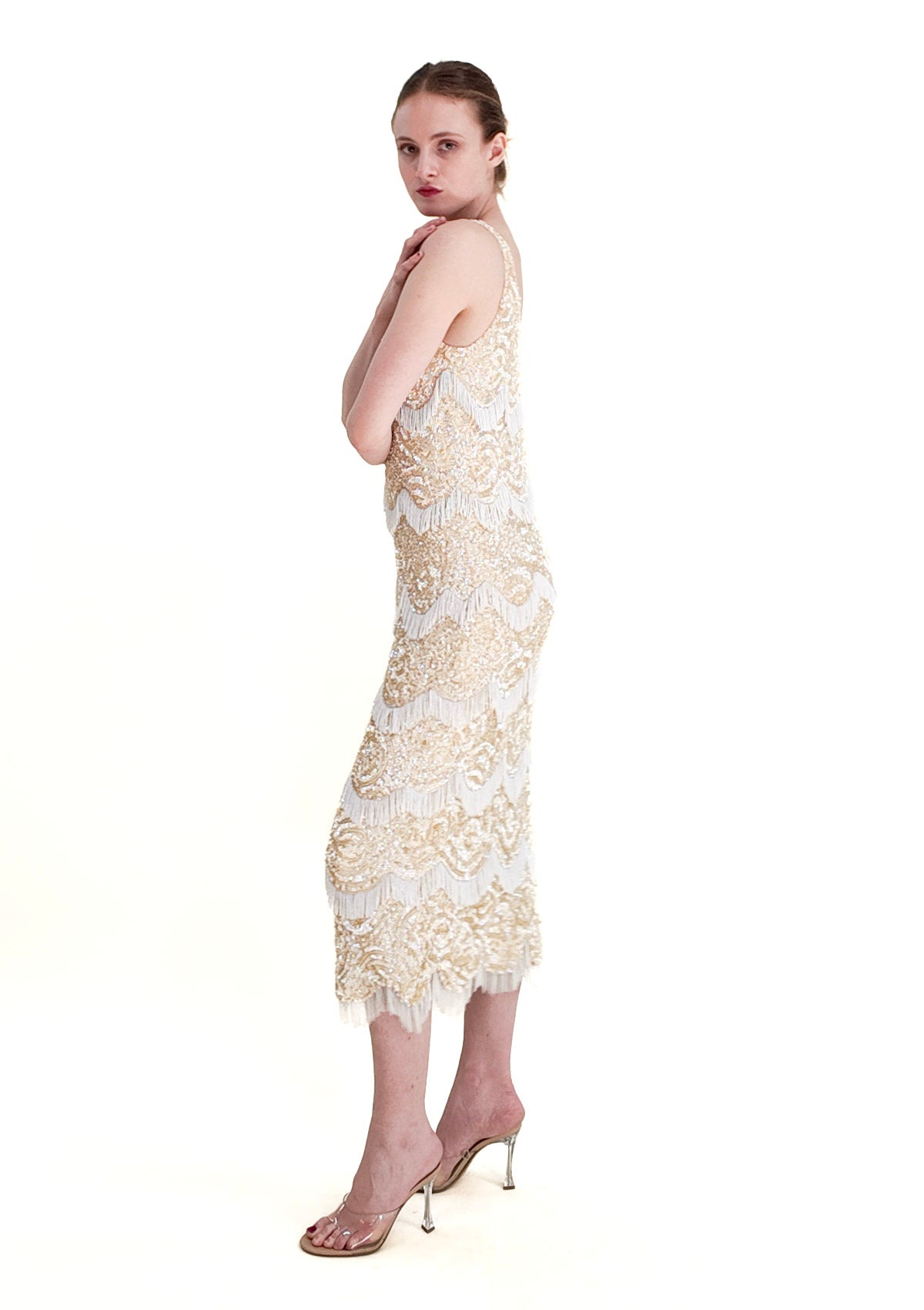 Attributed Gene Shelly 1960's Ivory Knit Sequin & Fringe Beaded Dress