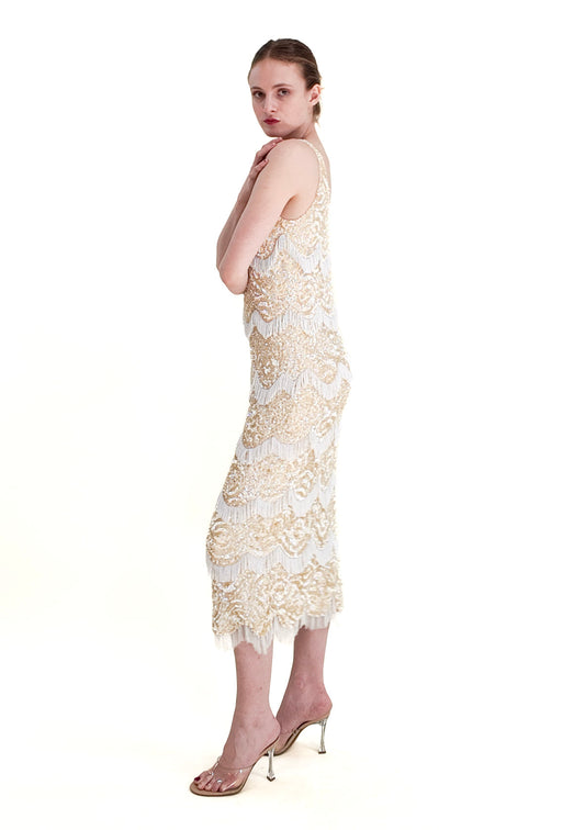 Attributed Gene Shelly 1960's Ivory Knit Sequin & Fringe Beaded Dress - The Kit Vintage