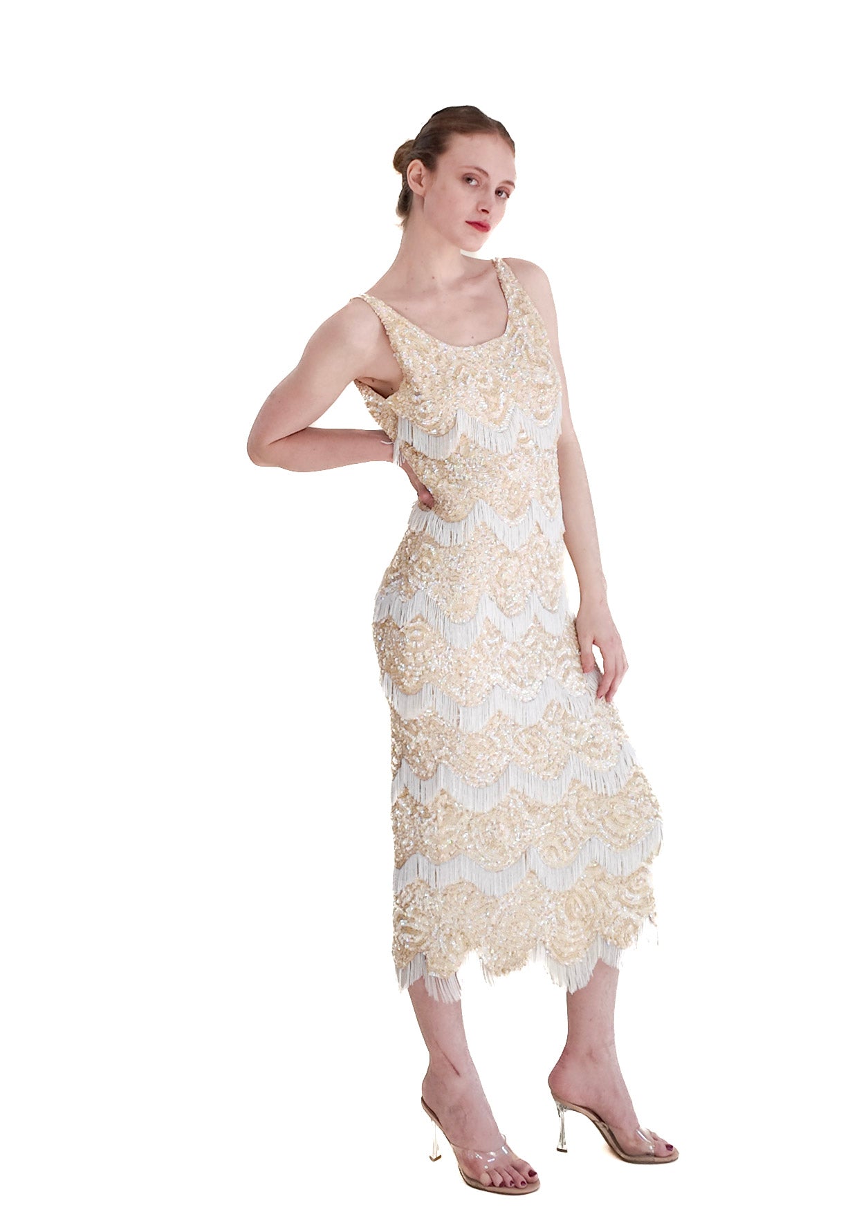 Attributed Gene Shelly 1960's Ivory Knit Sequin & Fringe Beaded Dress