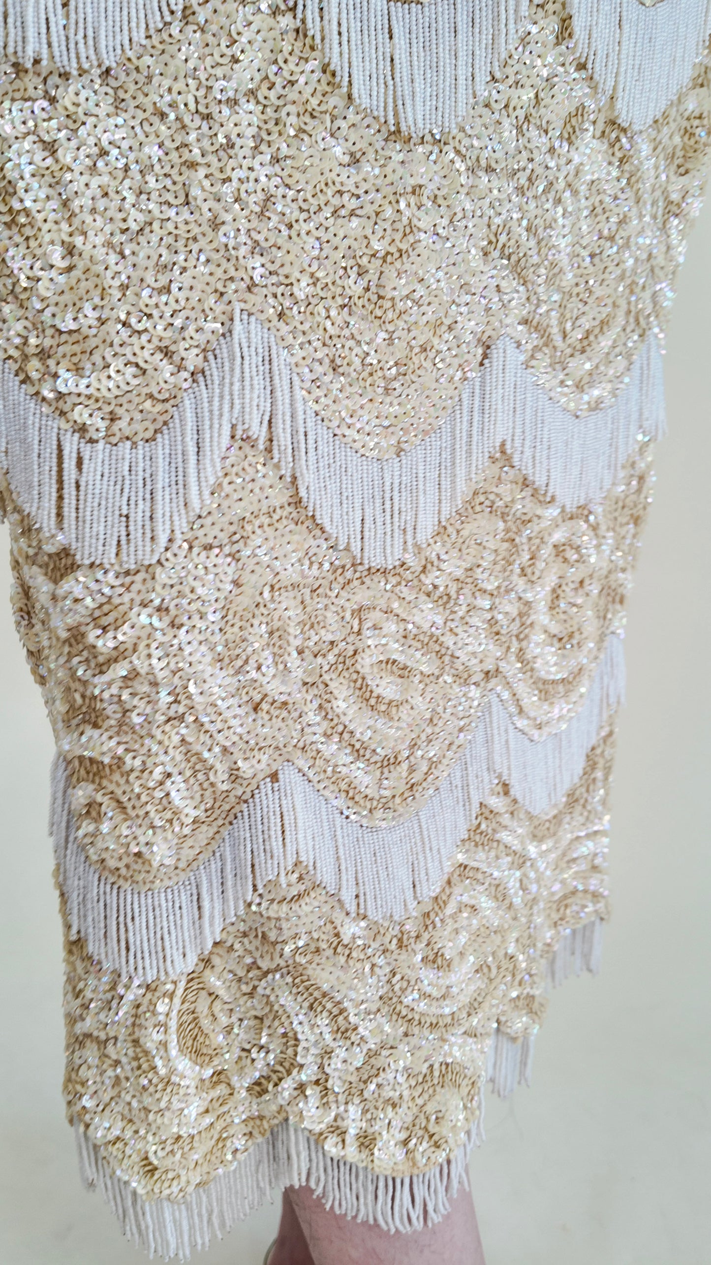 Attributed Gene Shelly 1960's Ivory Knit Sequin & Fringe Beaded Dress