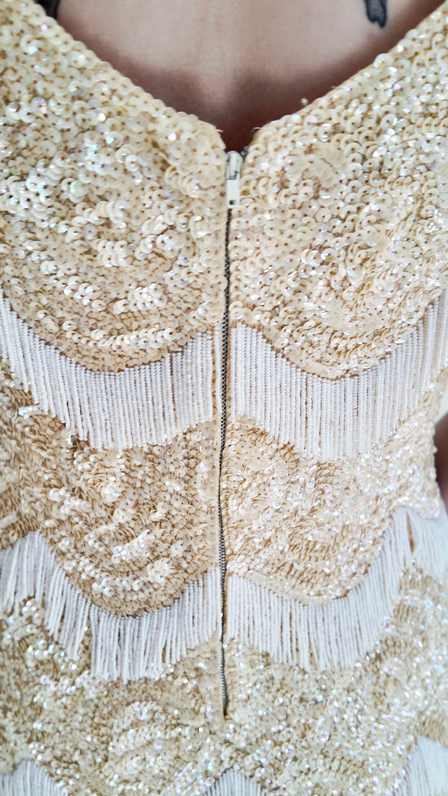 Attributed Gene Shelly 1960's Ivory Knit Sequin & Fringe Beaded Dress