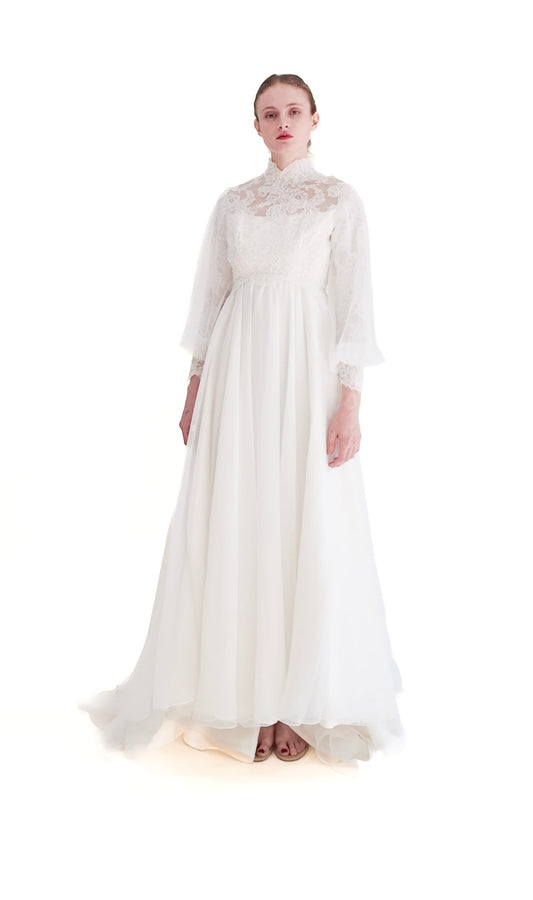 1960's Vintage Balloon Sleeve With Lace Wedding Gown - The Kit Vintage