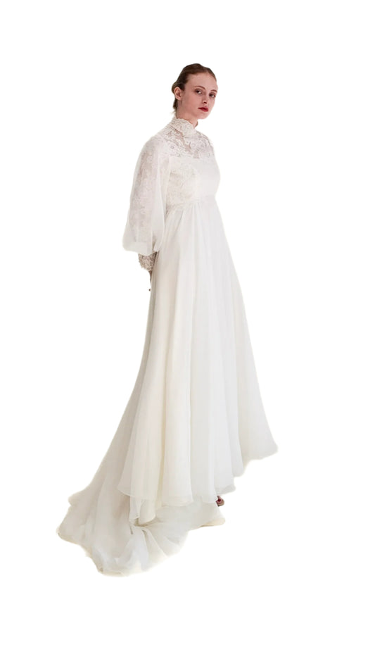 1960's Vintage Balloon Sleeve With Lace Wedding Gown - The Kit Vintage
