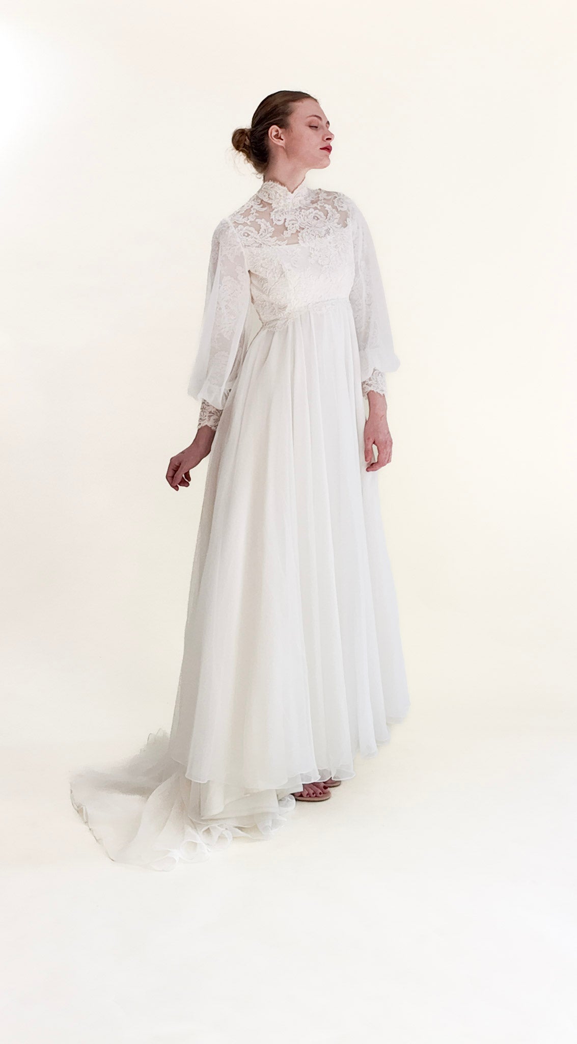 1960's Vintage Balloon Sleeve With Lace Wedding Gown - The Kit Vintage