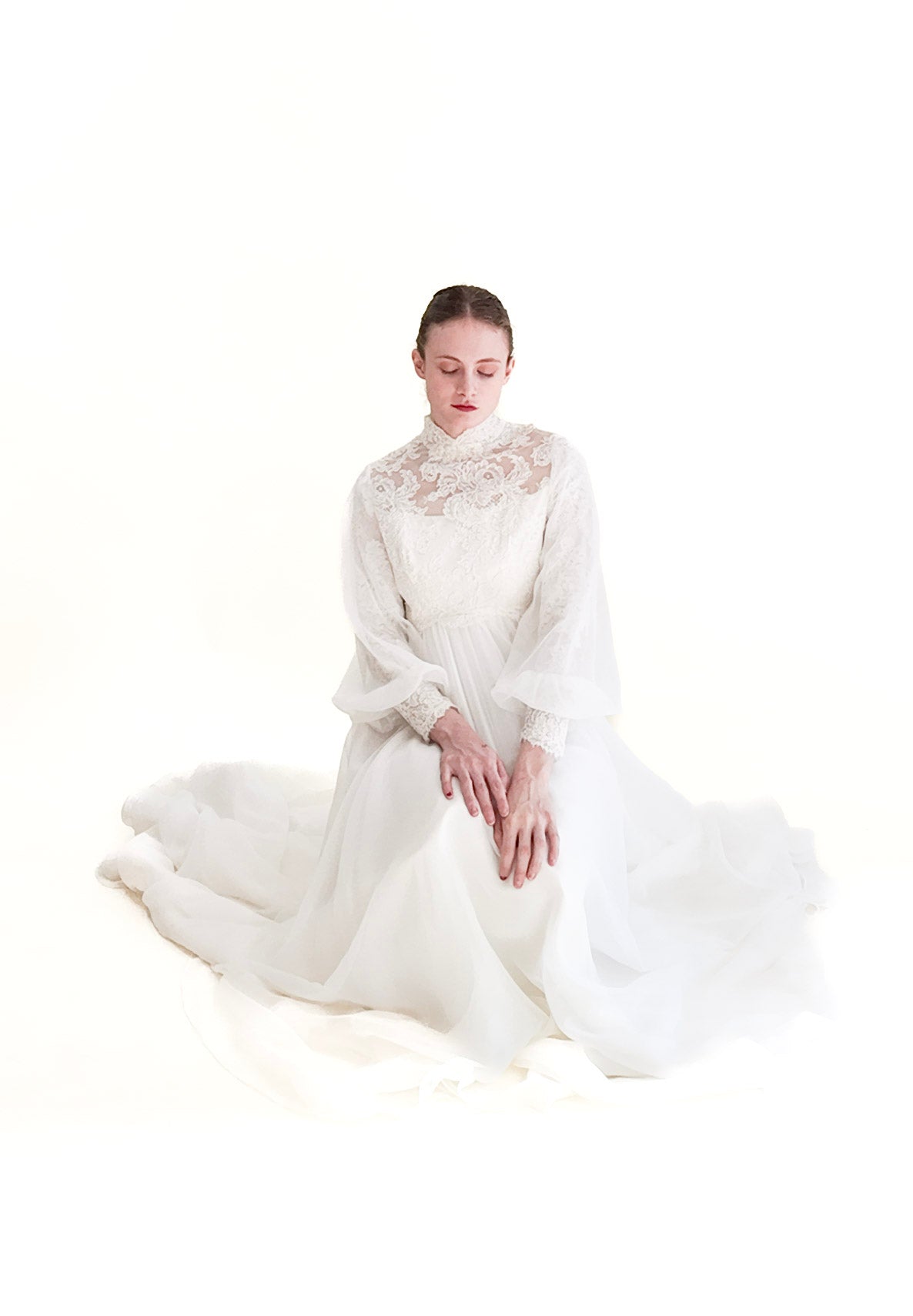 1960's Vintage Balloon Sleeve With Lace Wedding Gown