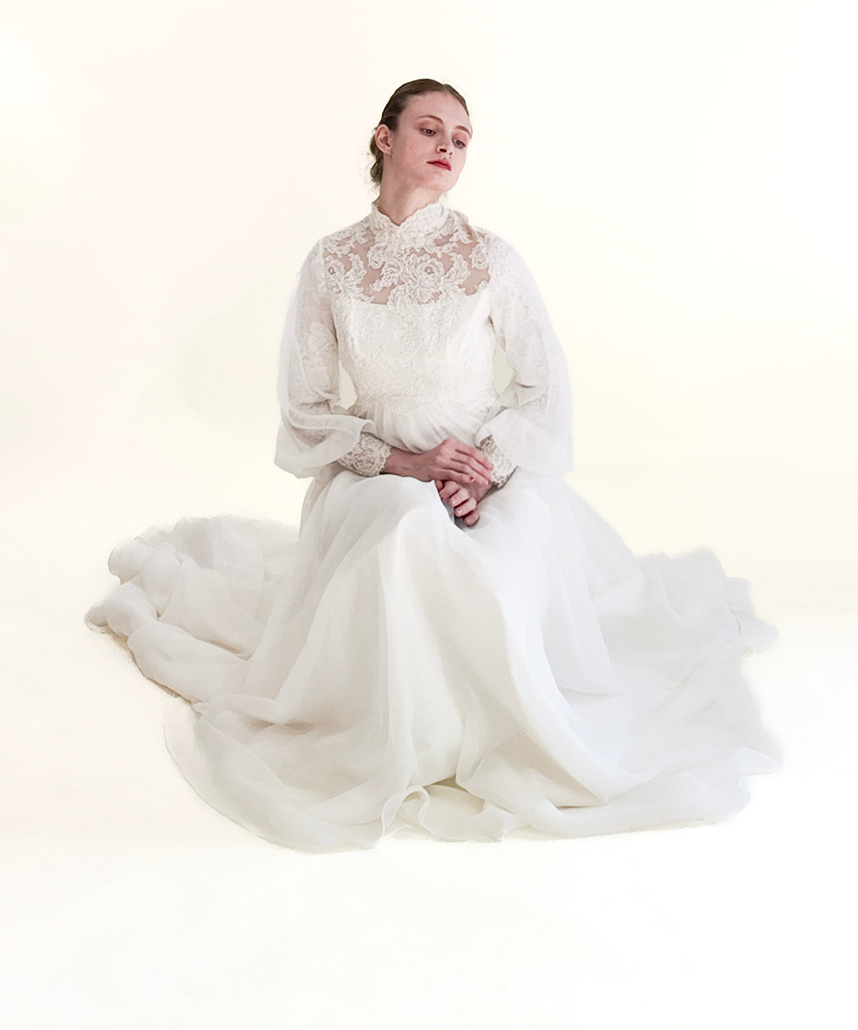 1960's Vintage Balloon Sleeve With Lace Wedding Gown