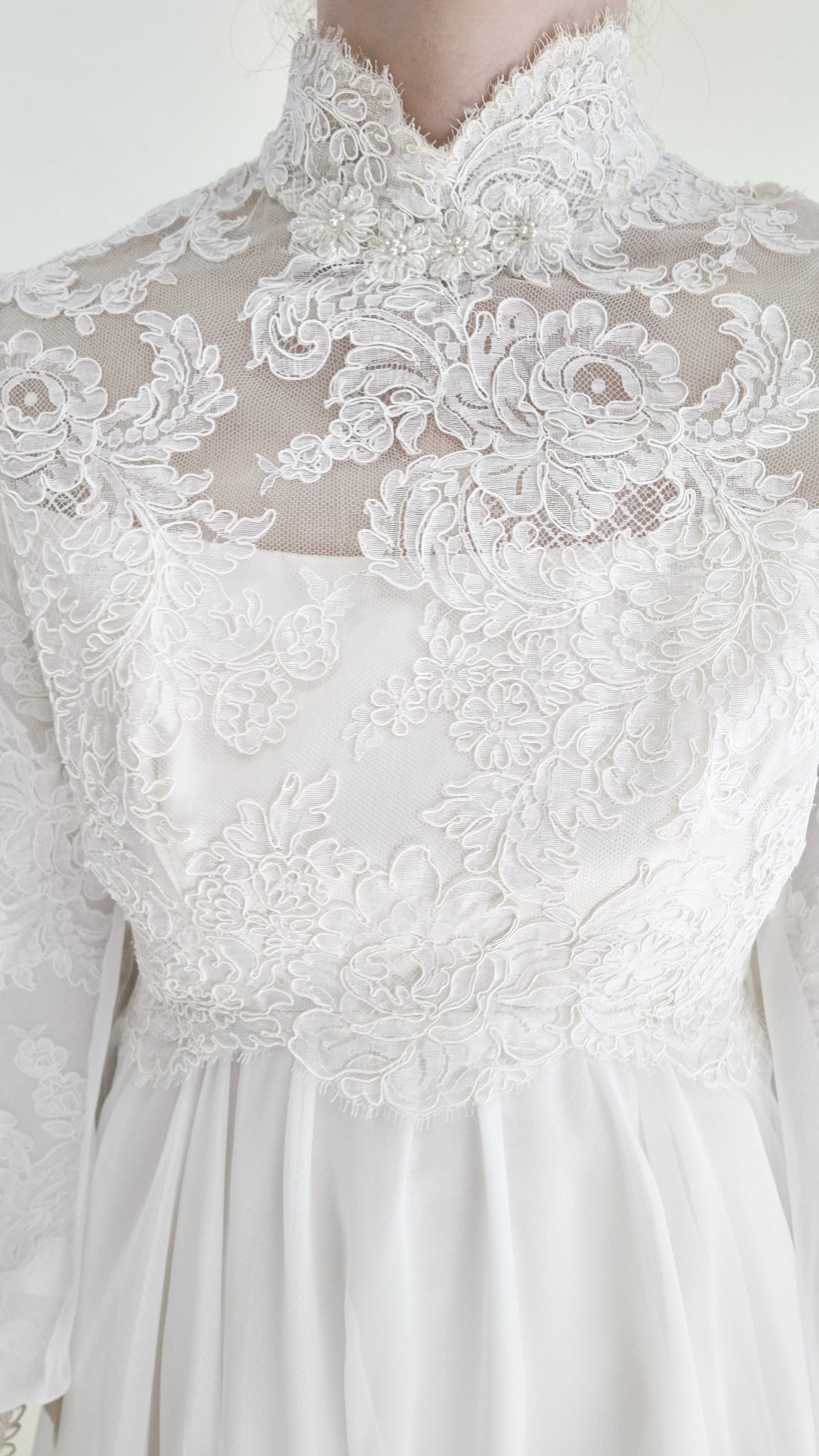 1960's Vintage Balloon Sleeve With Lace Wedding Gown - The Kit Vintage