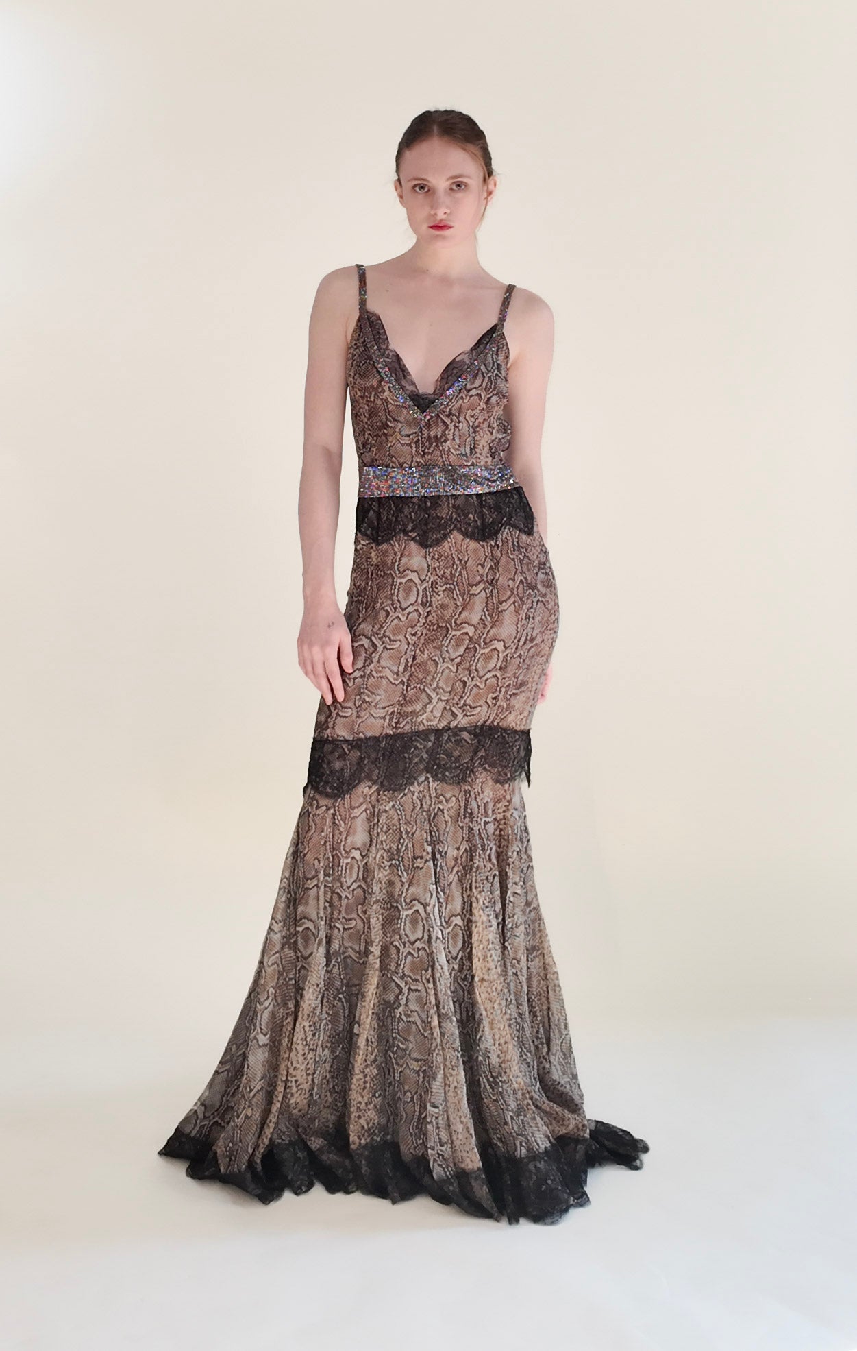 Dolce & Gabbana Fall 2004 Snakeskin Print Open Back Gown with Rhinestone and Lace Detail Dolce & Gabbana Fall 2004 Snakeskin Print Open Back Gown with Rhinestone and Lace Detail