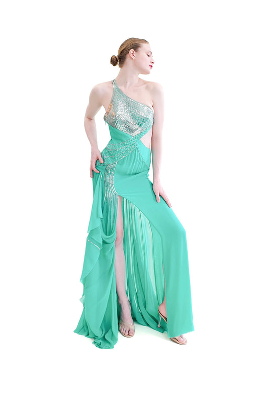 Versace Documented Runway Spring 2010 Aqua Metal Studded One Shoulder Gown - The Kit Vintage