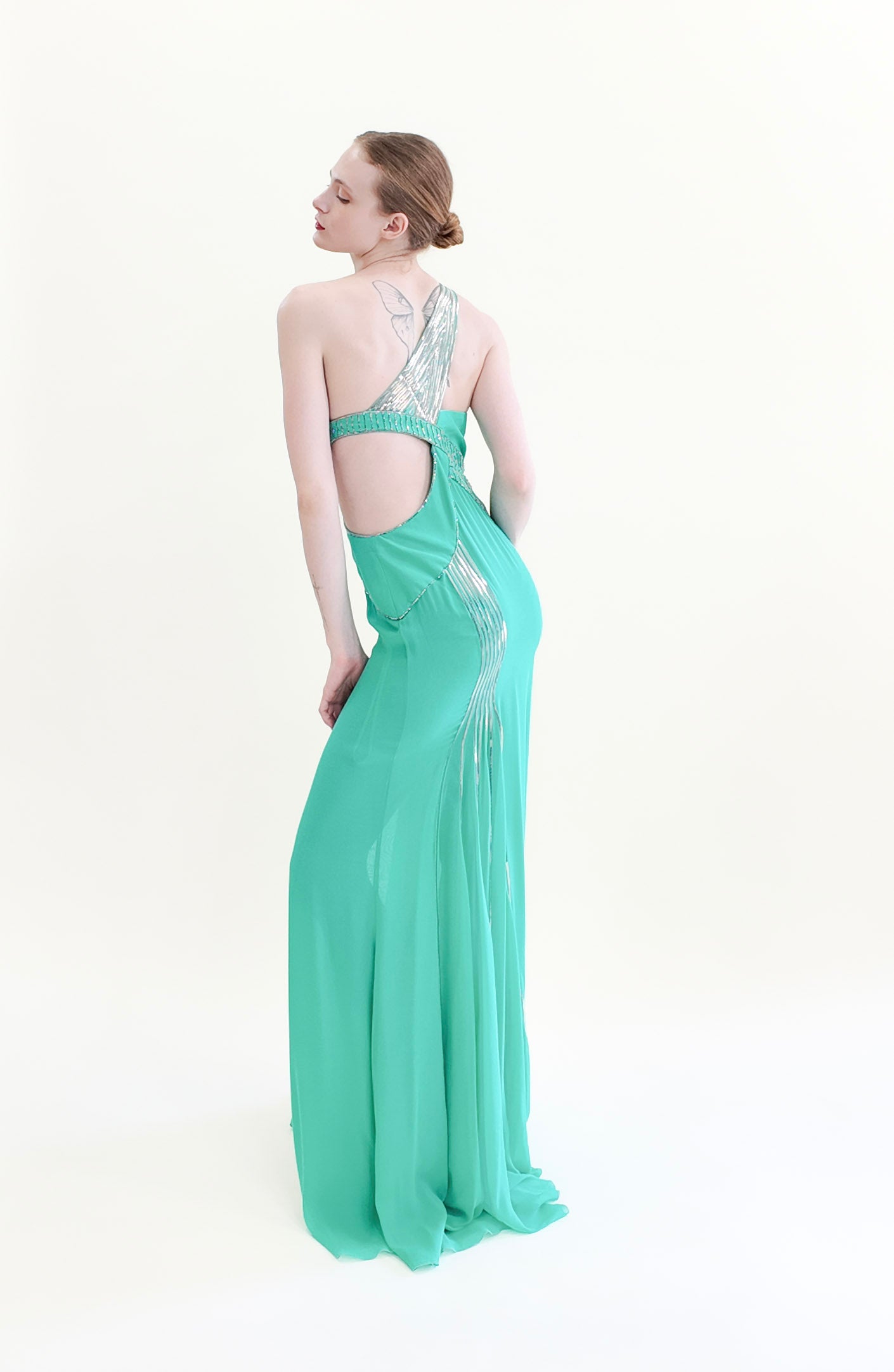 Versace Documented Runway Spring 2010 Aqua Metal Studded One Shoulder Gown - The Kit Vintage