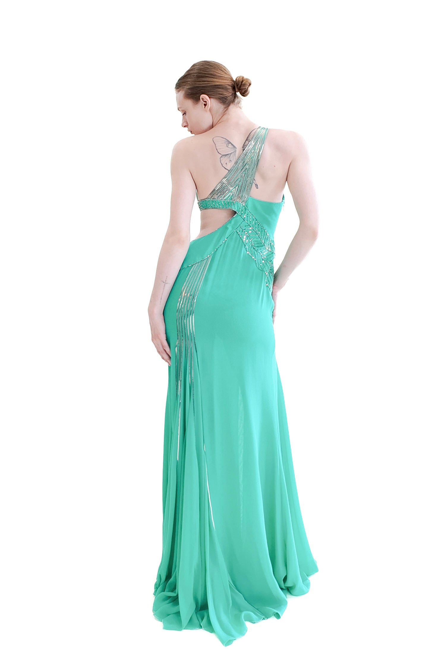 Versace Documented Runway Spring 2010 Aqua Metal Studded One Shoulder Gown - The Kit Vintage