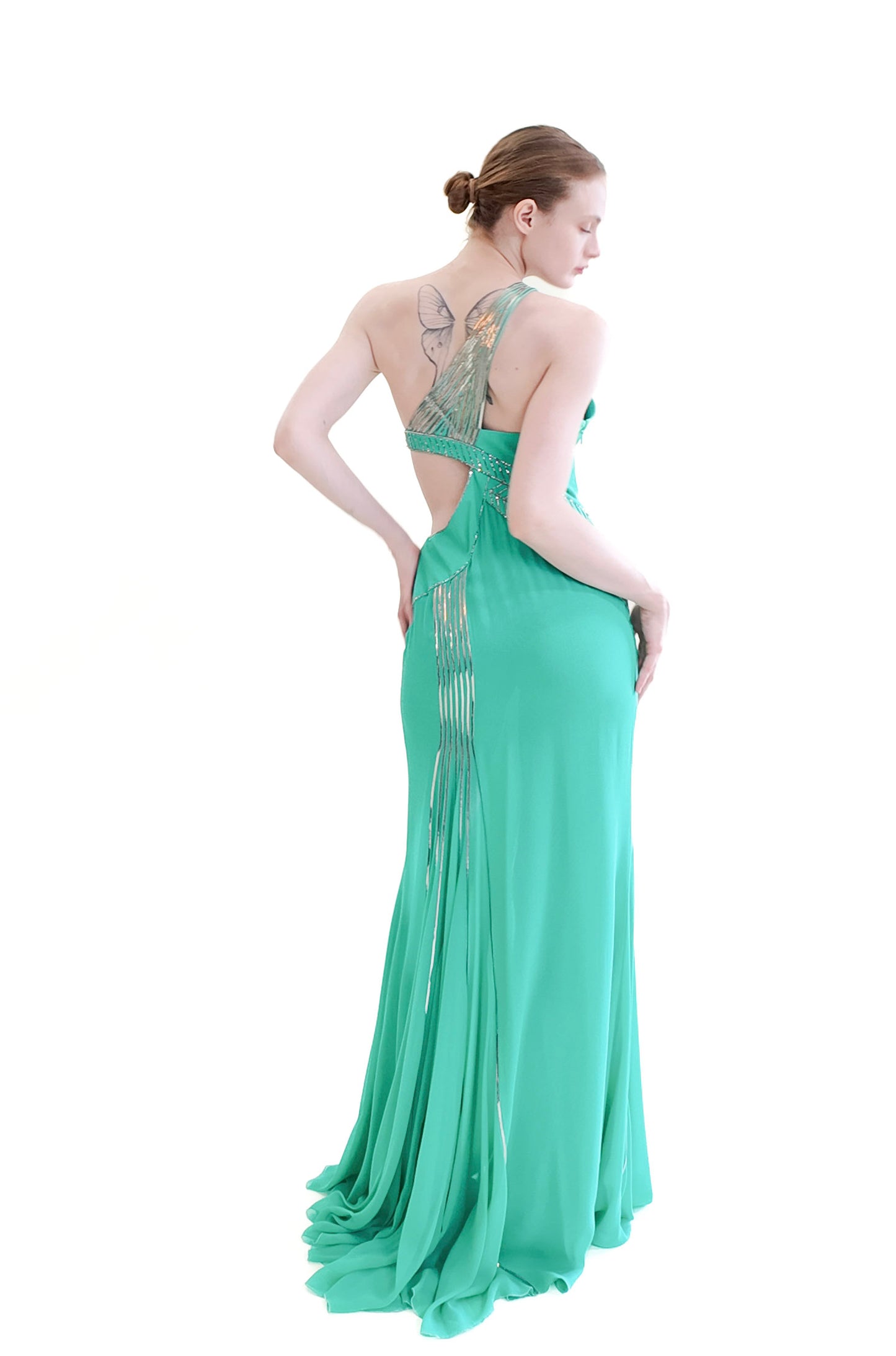 Versace Documented Runway Spring 2010 Aqua Metal Studded One Shoulder Gown
