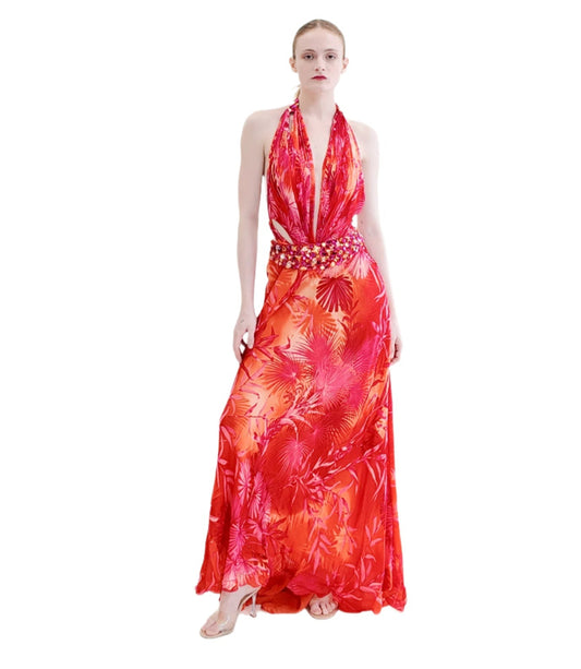 Vintage Documented Gianni Versace S/S 2000 Runway Finale Gown, Magenta Palm Print Halter with Jeweled Waistline and Open Back - The Kit Vintage
