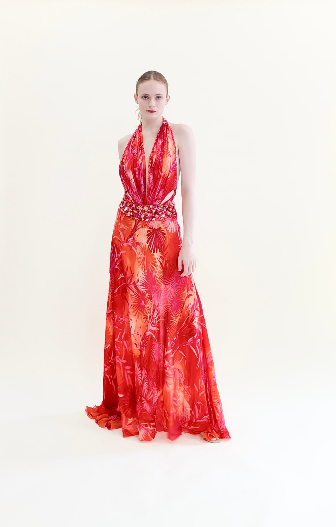 Vintage Documented Gianni Versace S/S 2000 Runway Finale Gown, Magenta Palm Print Halter with Jeweled Waistline and Open Back - The Kit Vintage