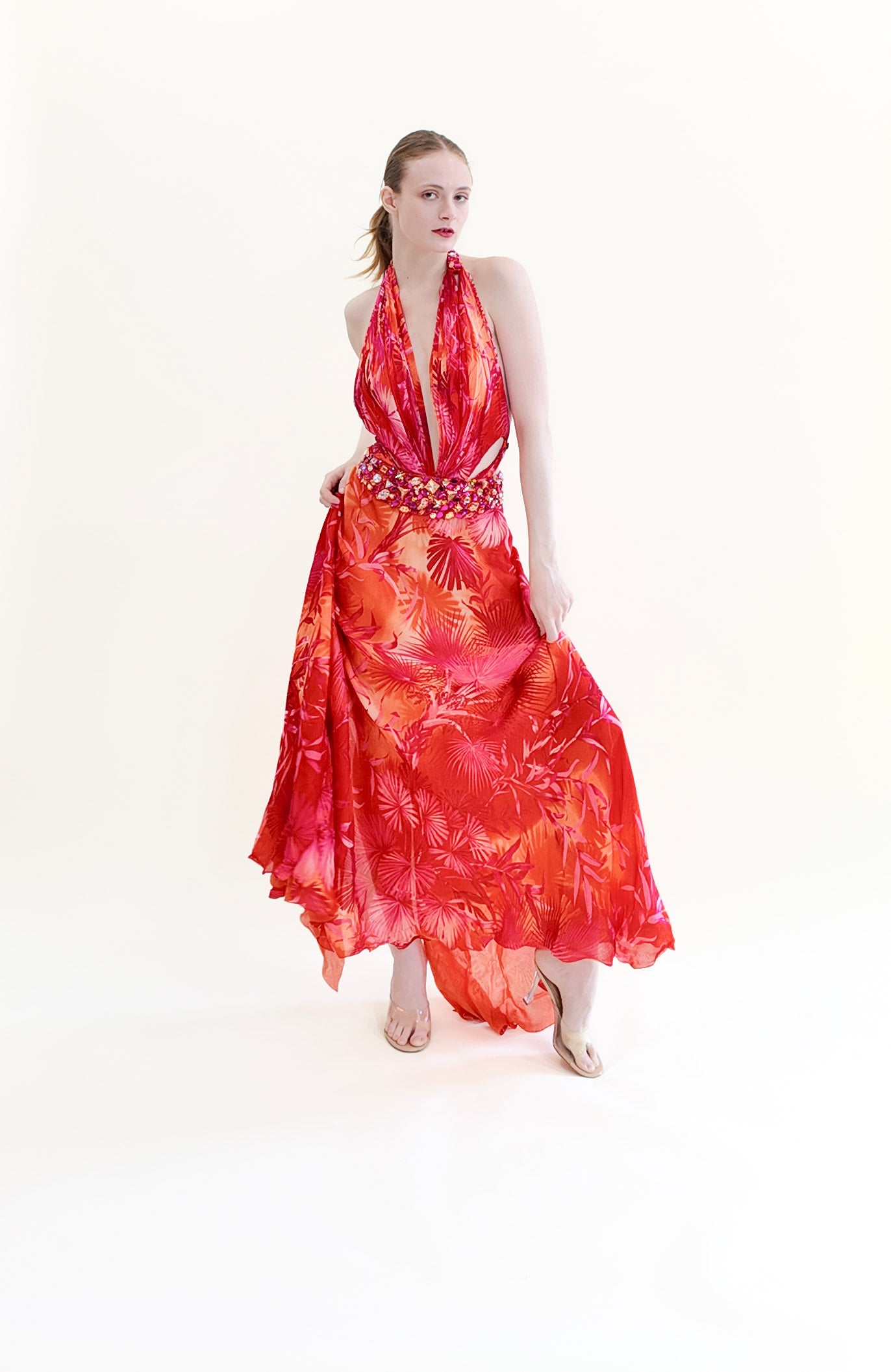 Vintage Documented Gianni Versace S/S 2000 Runway Finale Gown, Magenta Palm Print Halter with Jeweled Waistline and Open Back