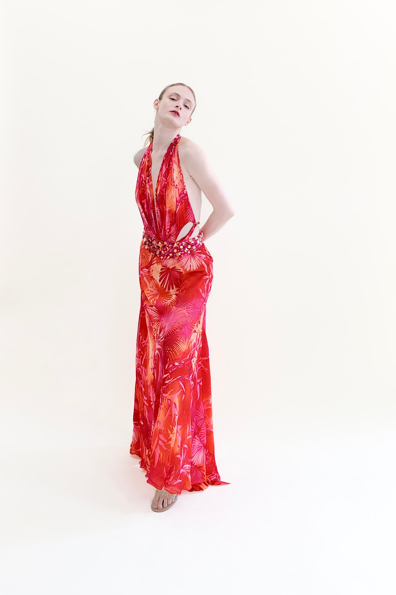 Vintage Documented Gianni Versace S/S 2000 Runway Finale Gown, Magenta Palm Print Halter with Jeweled Waistline and Open Back