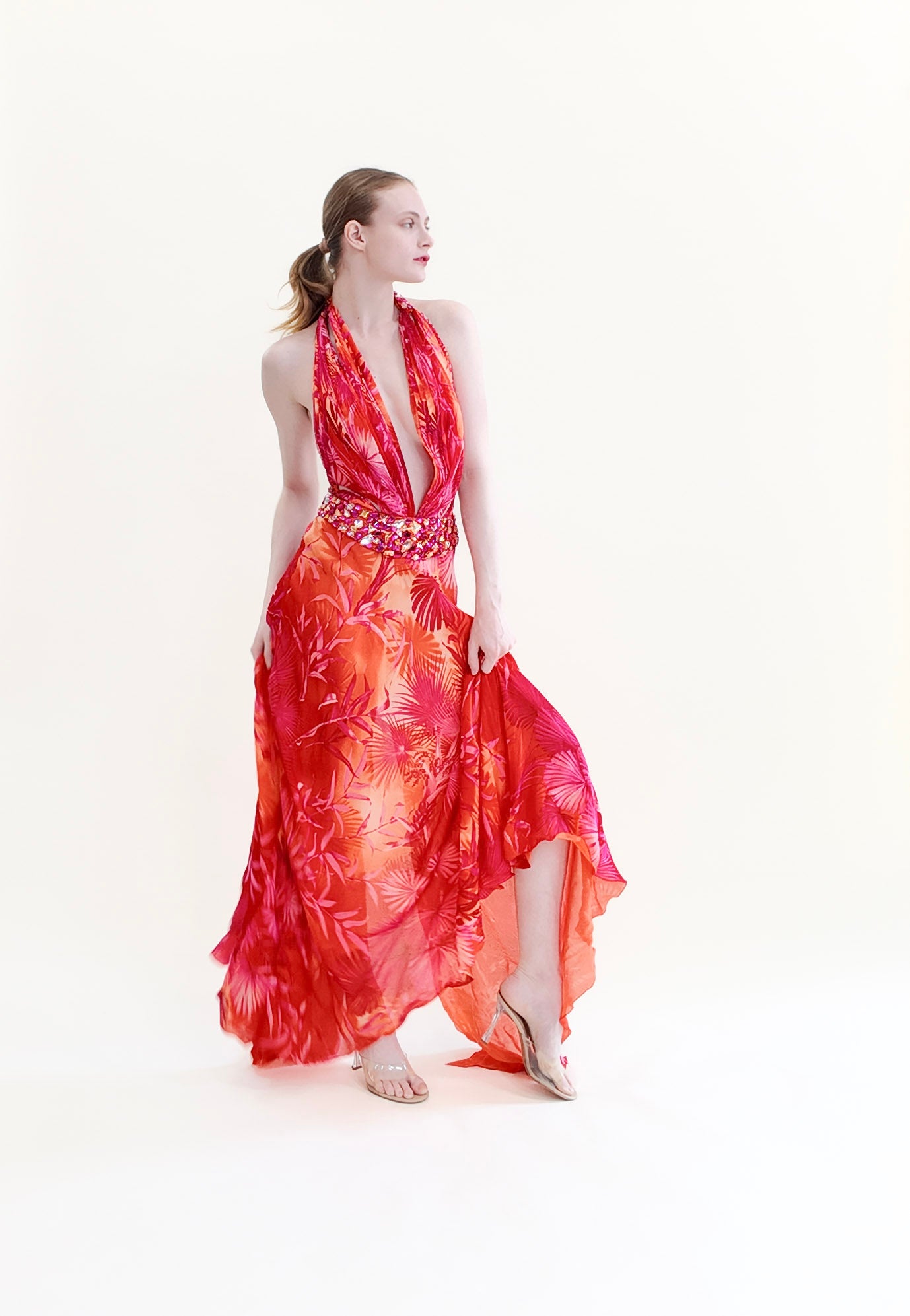 Vintage Documented Gianni Versace S/S 2000 Runway Finale Gown, Magenta Palm Print Halter with Jeweled Waistline and Open Back - The Kit Vintage