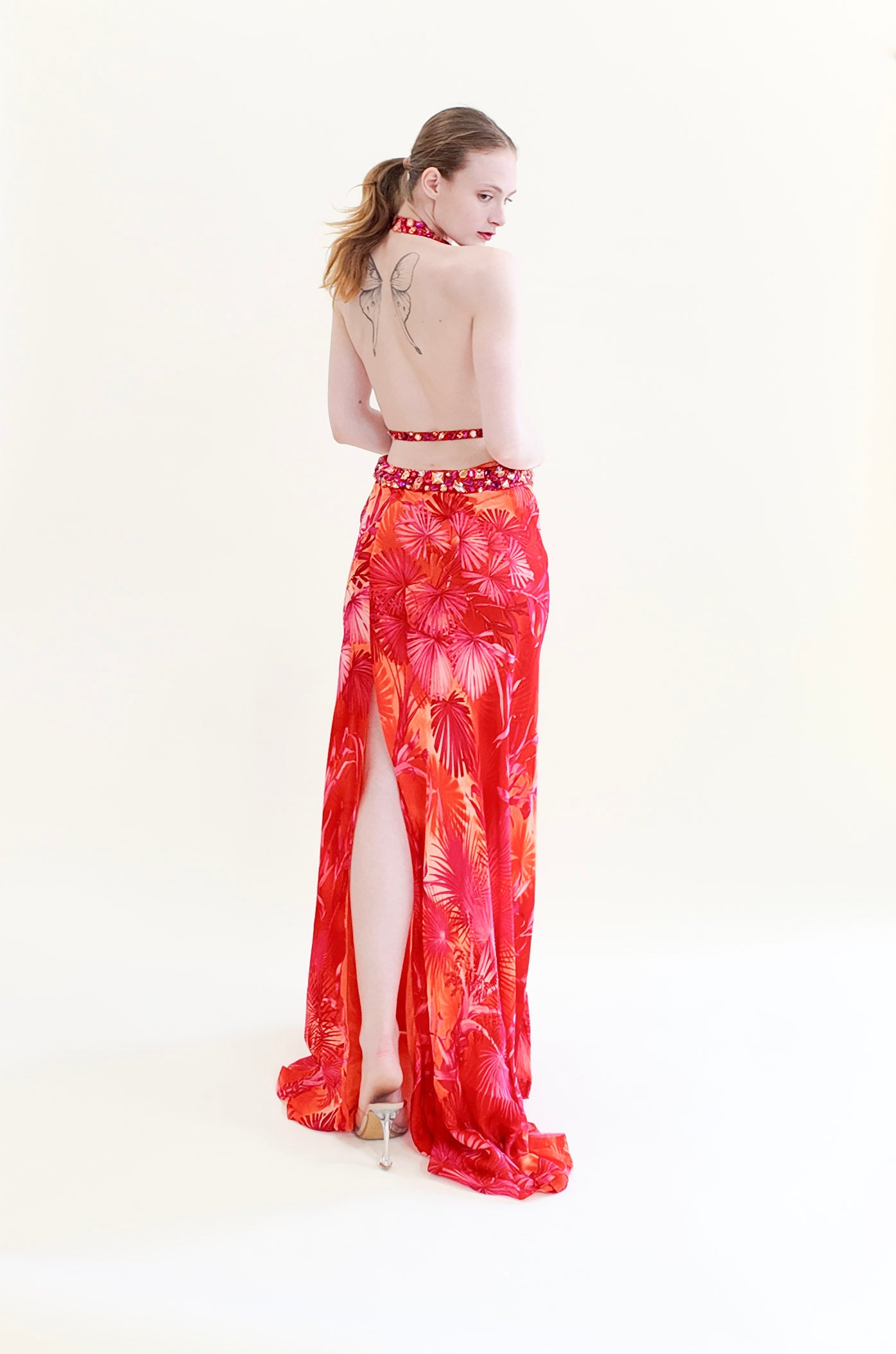 Vintage Documented Gianni Versace S/S 2000 Runway Finale Gown, Magenta Palm Print Halter with Jeweled Waistline and Open Back