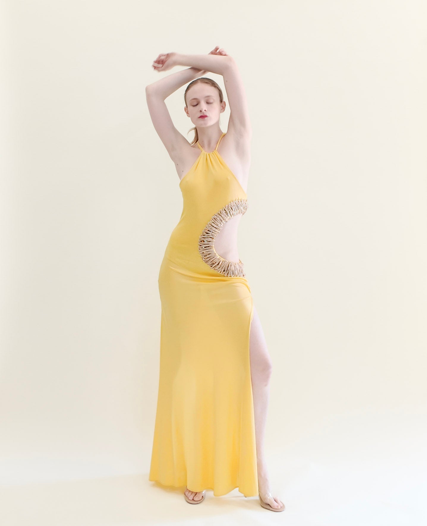 Vintage Roberto Cavalli Spring 2005 Documented Runway Yellow Cut Out Gown with Gold Thread Trim and Jeweled Detail - The Kit Vintage