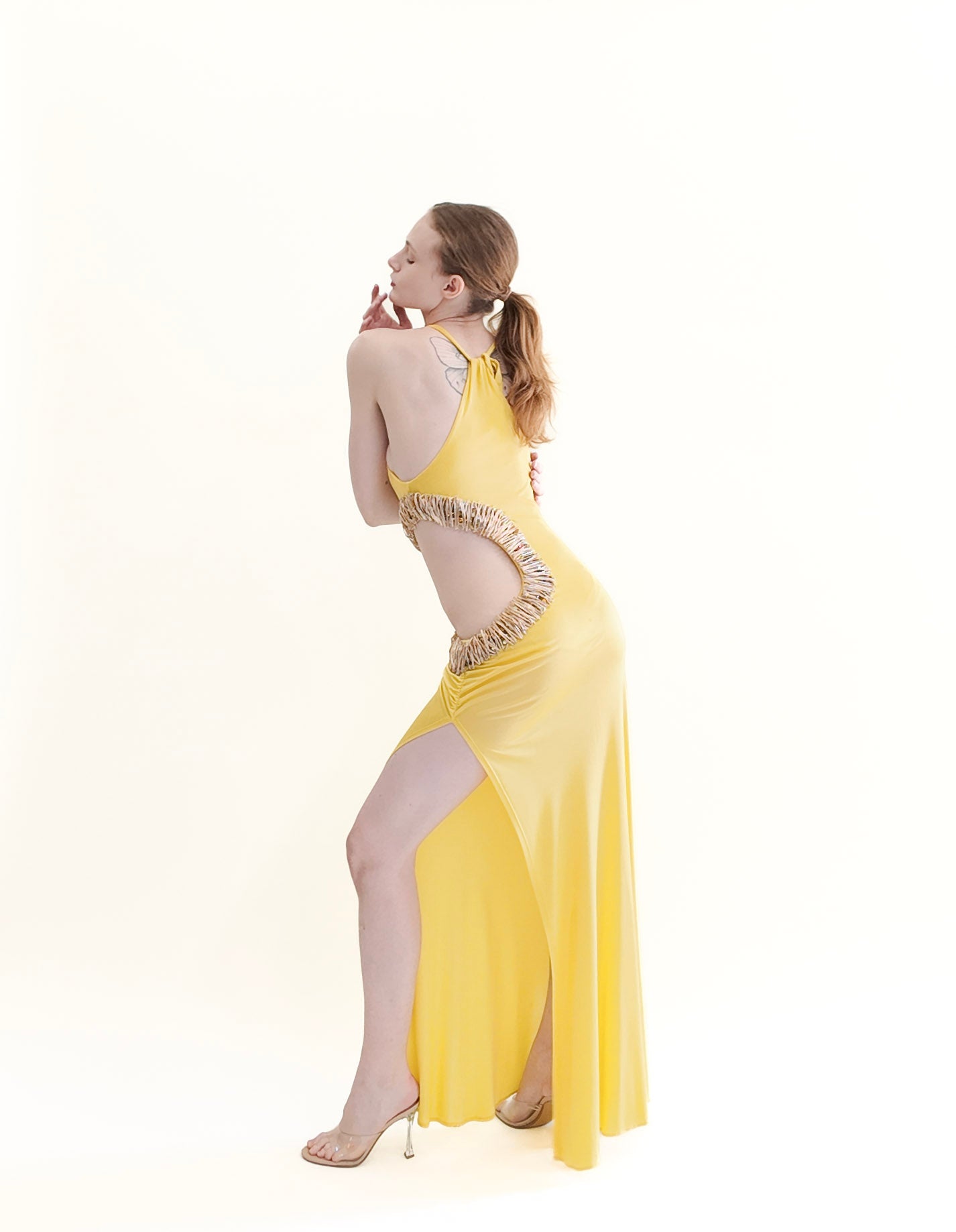 Vintage Roberto Cavalli Spring 2005 Documented Runway Yellow Cut Out Gown with Gold Thread Trim and Jeweled Detail - The Kit Vintage