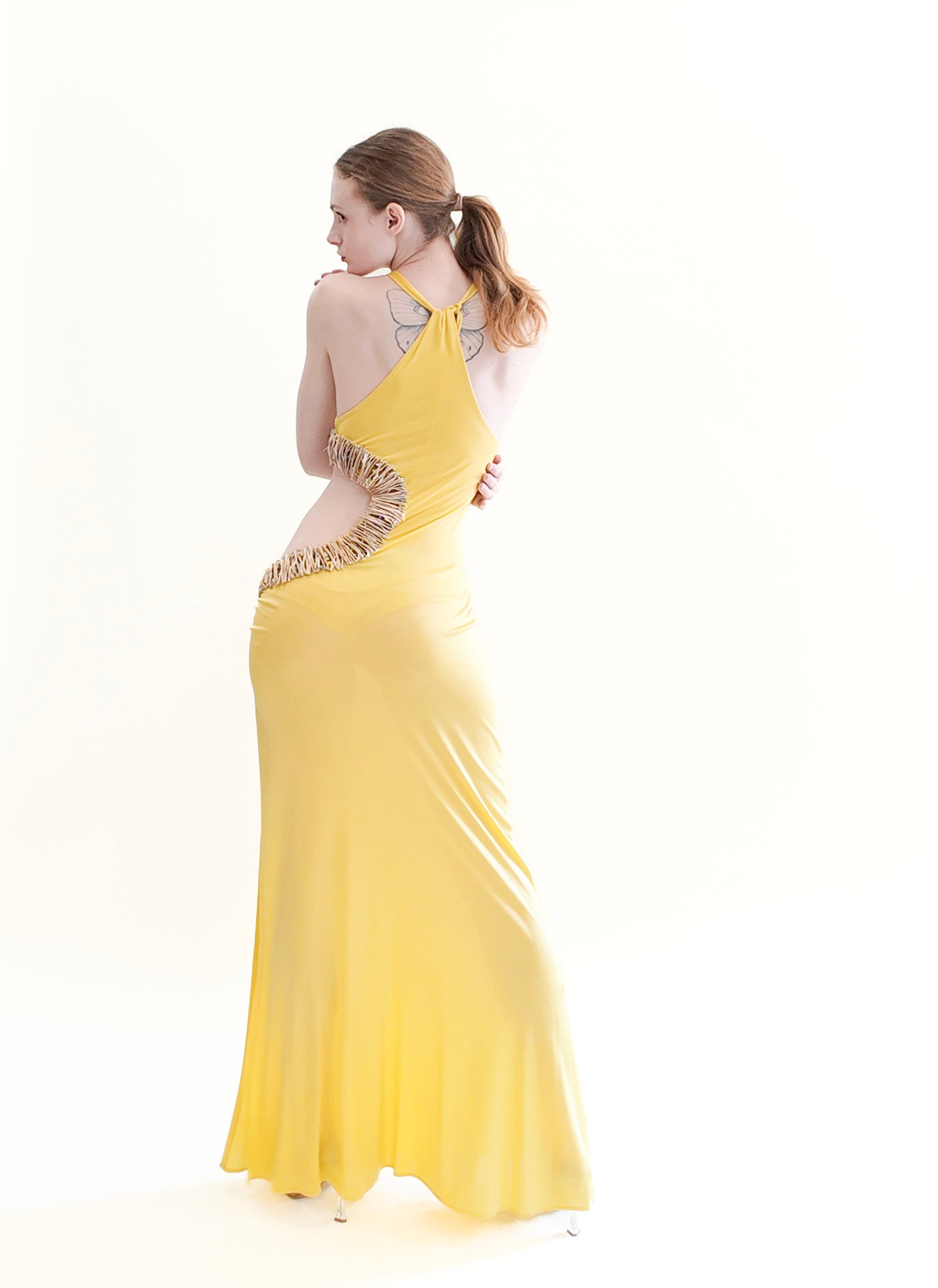 Vintage Roberto Cavalli Spring 2005 Documented Runway Yellow Cut Out Gown with Gold Thread Trim and Jeweled Detail