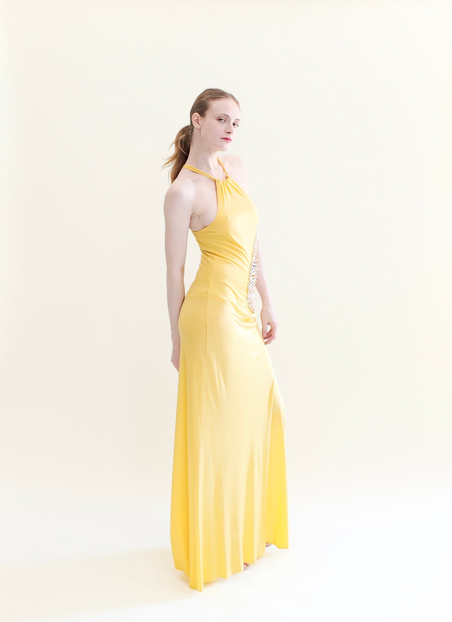 Vintage Roberto Cavalli Spring 2005 Documented Runway Yellow Cut Out Gown with Gold Thread Trim and Jeweled Detail - The Kit Vintage