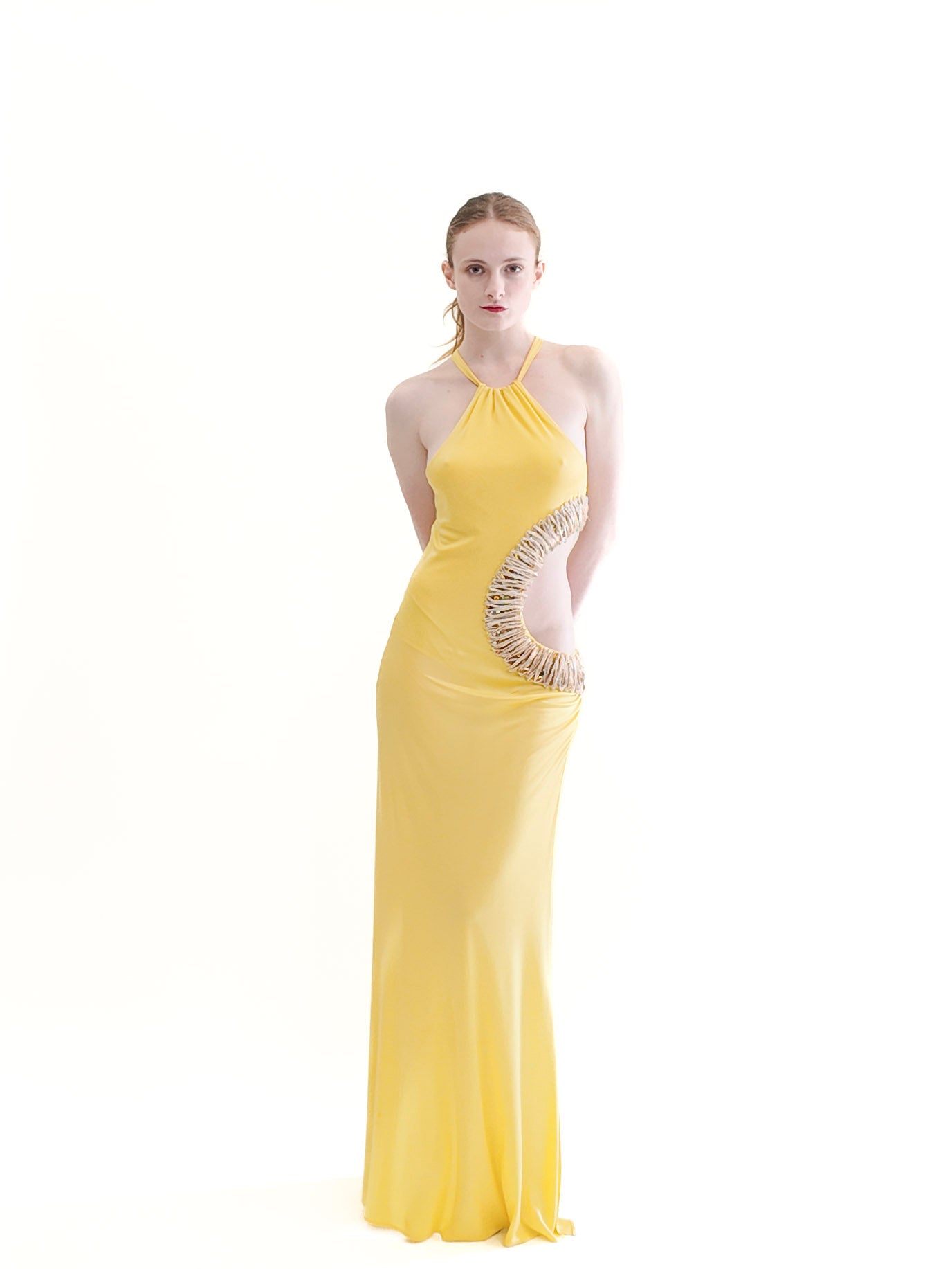 Vintage Roberto Cavalli Spring 2005 Documented Runway Yellow Cut Out Gown with Gold Thread Trim and Jeweled Detail - The Kit Vintage