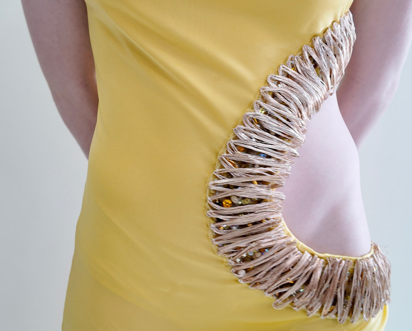 Vintage Roberto Cavalli Spring 2005 Documented Runway Yellow Cut Out Gown with Gold Thread Trim and Jeweled Detail