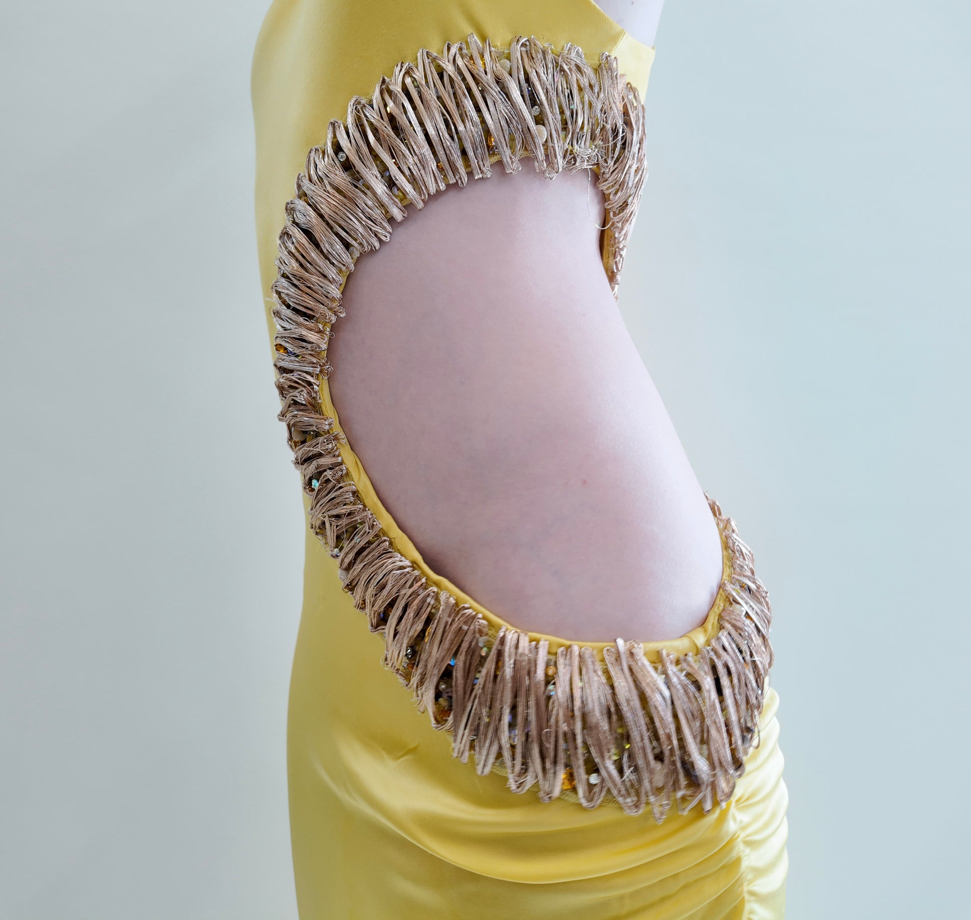Vintage Roberto Cavalli Spring 2005 Documented Runway Yellow Cut Out Gown with Gold Thread Trim and Jeweled Detail - The Kit Vintage